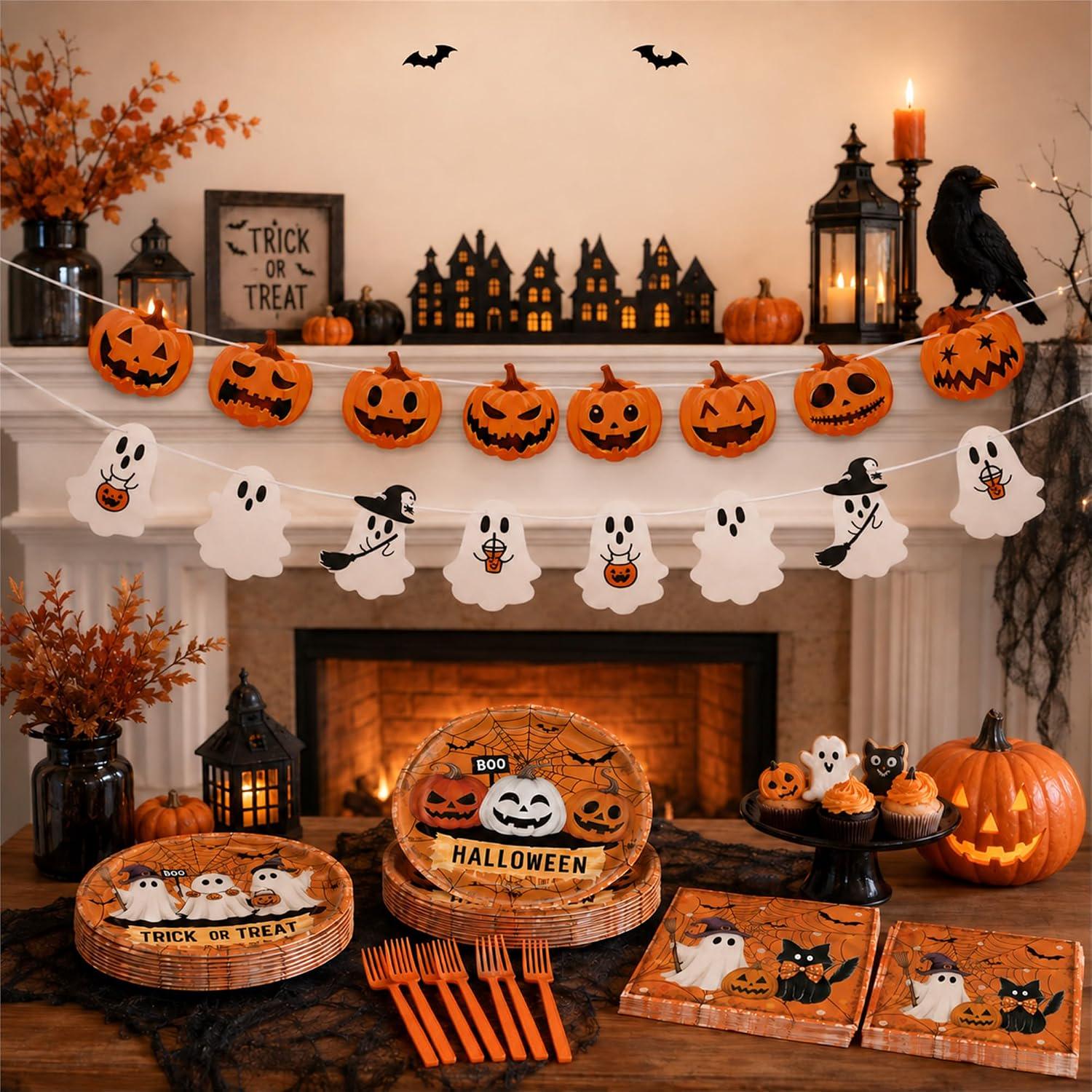 82-Piece Halloween Party Set: 20 Plates, Napkins, Forks, Banners (Orange Black Cream)