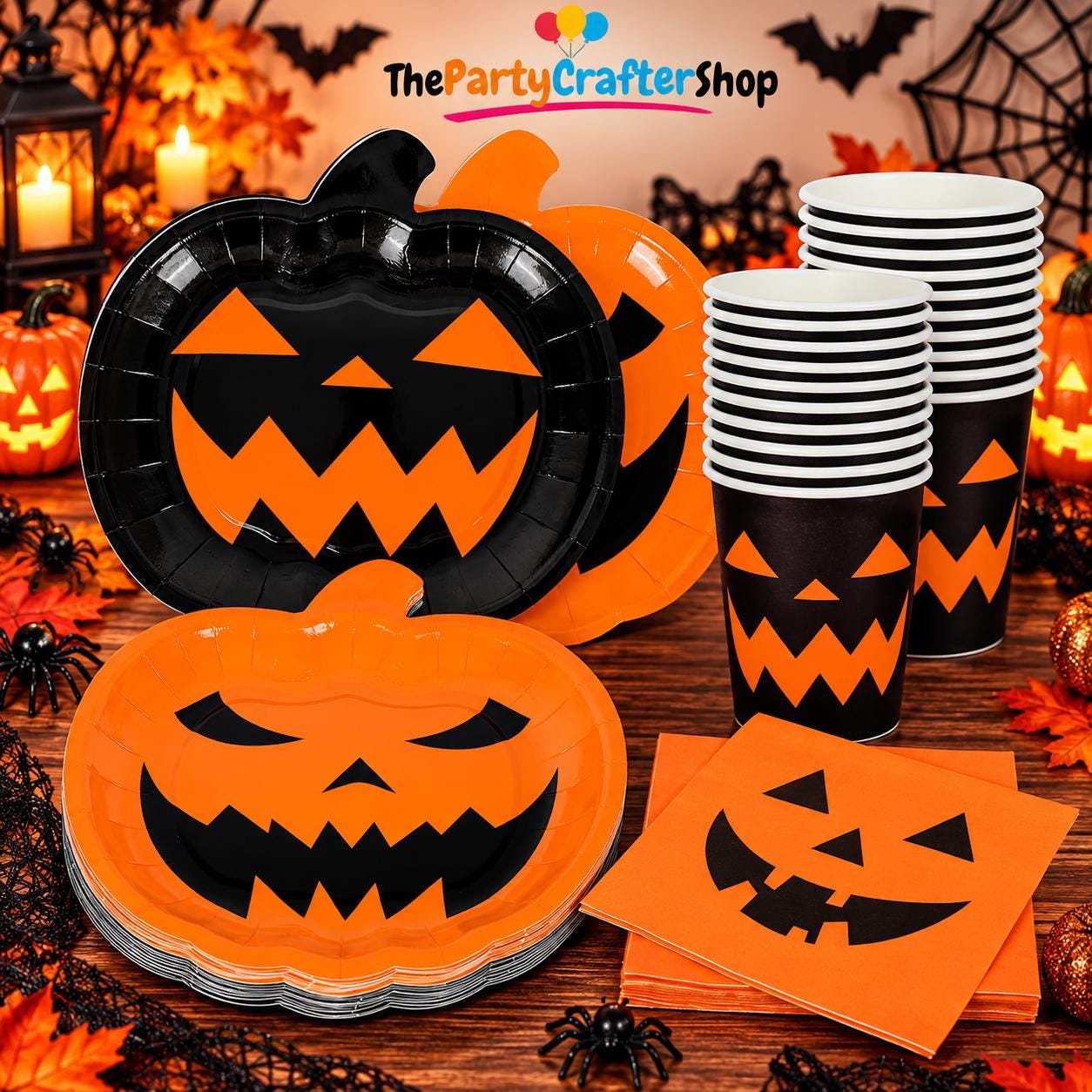 Halloween Party Tableware Set: 24 Paper Plates, Napkins, Cups (9oz)