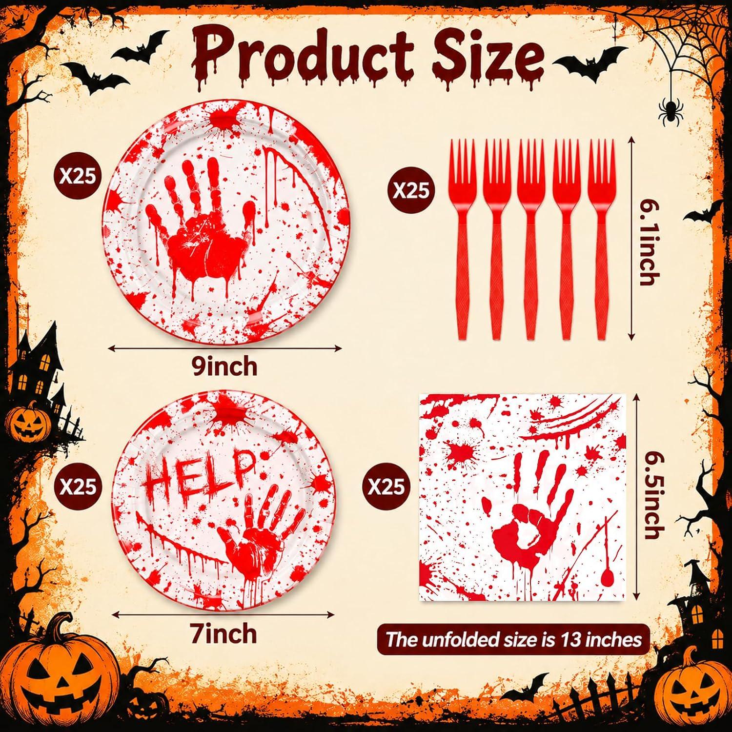 100-Piece Halloween Partyware Set: Bloody Handprint Plates, Red Plastic Forks, 9-Inch Dinner Plates