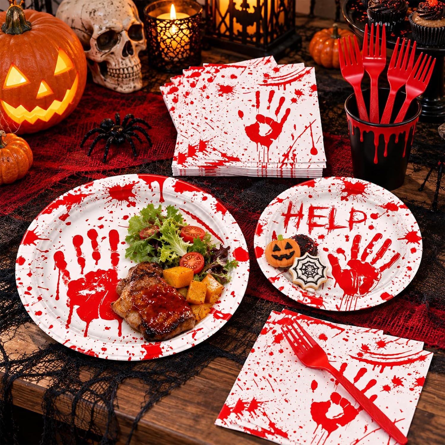 100-Piece Halloween Partyware Set: Bloody Handprint Plates, Red Plastic Forks, 9-Inch Dinner Plates