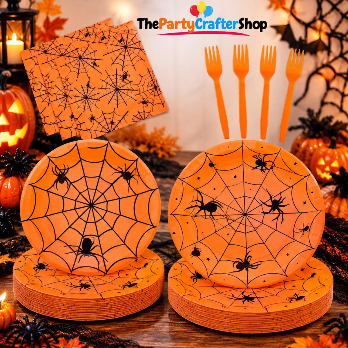 Disposable Halloween Party Set: 24 Guests, Orange Spider Web Plates, Napkins, Forks