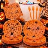 Disposable Halloween Party Set: 24 Guests, Orange Spider Web Plates, Napkins, Forks