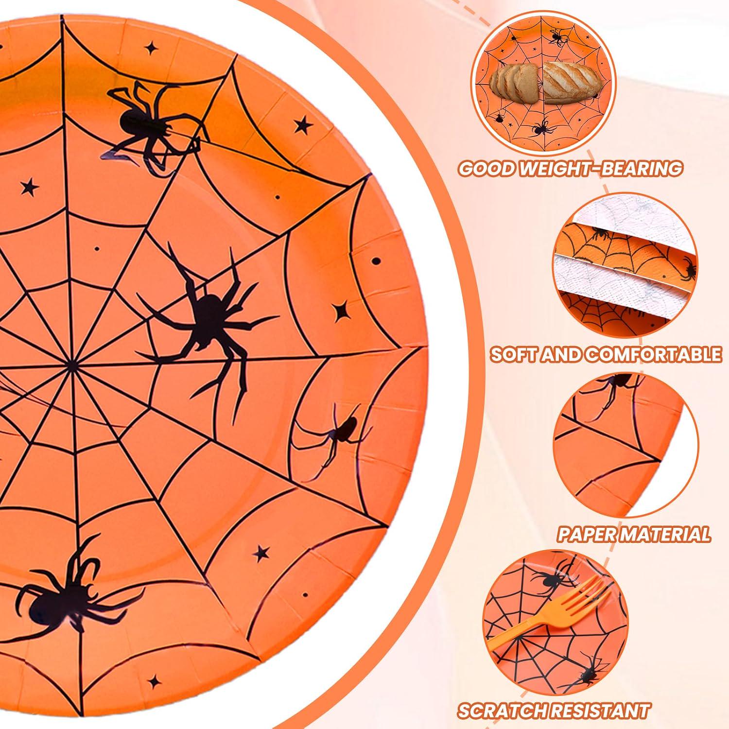 Disposable Halloween Party Set: 24 Guests, Orange Spider Web Plates, Napkins, Forks