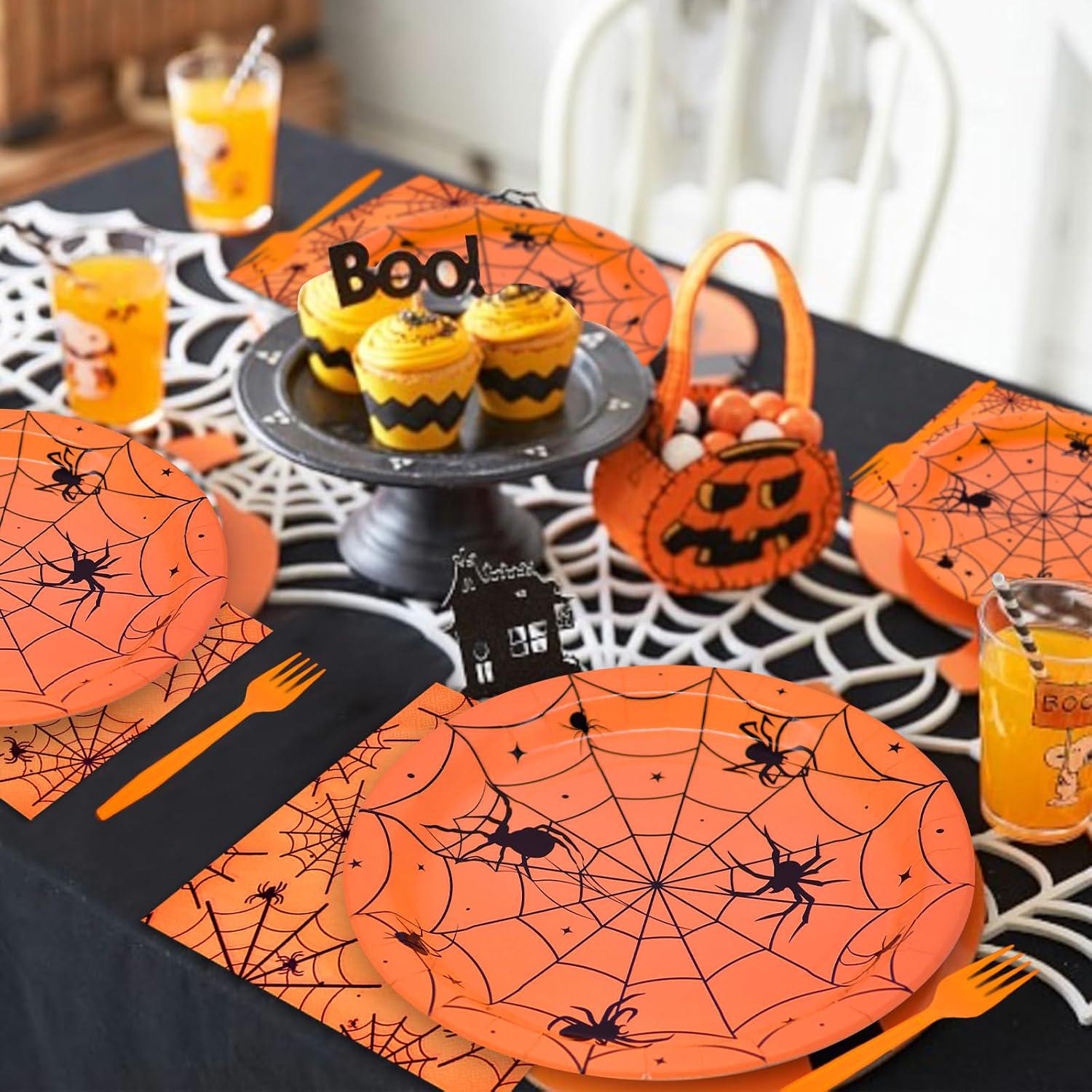Disposable Halloween Party Set: 24 Guests, Orange Spider Web Plates, Napkins, Forks