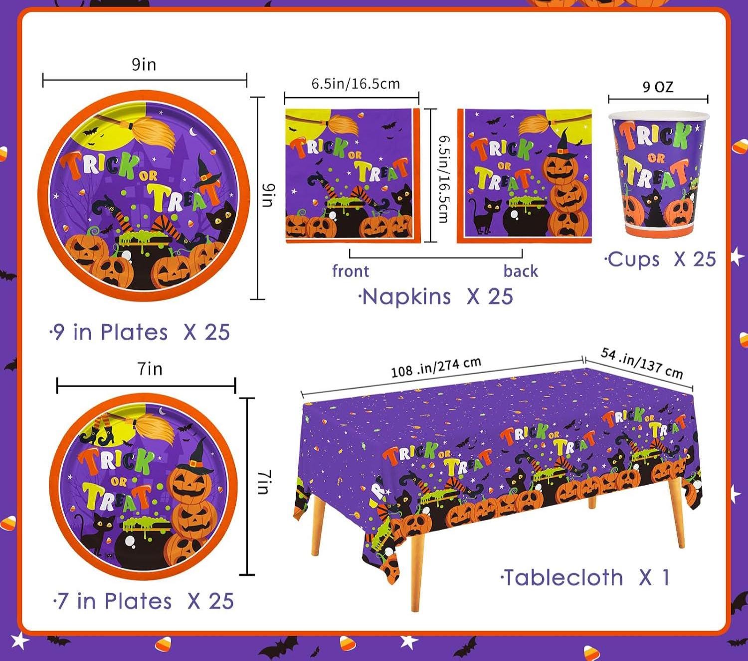 Halloween Party Supplies Set: 25 Plates, Cups, Napkins, Tablecloth (Purple Orange)