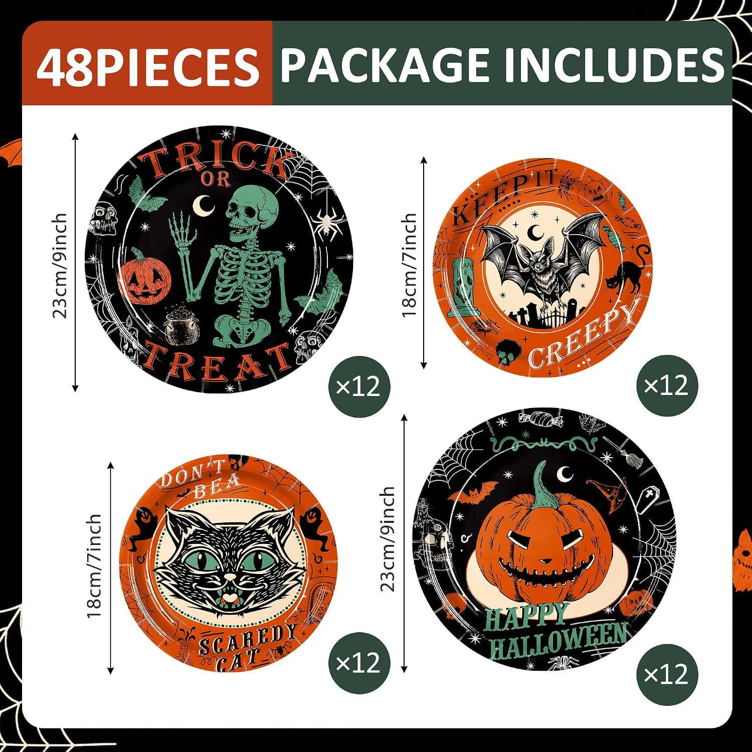 48 Piece Halloween Paper Plate Set, 9 Inch and 7 Inch, 4 Designs