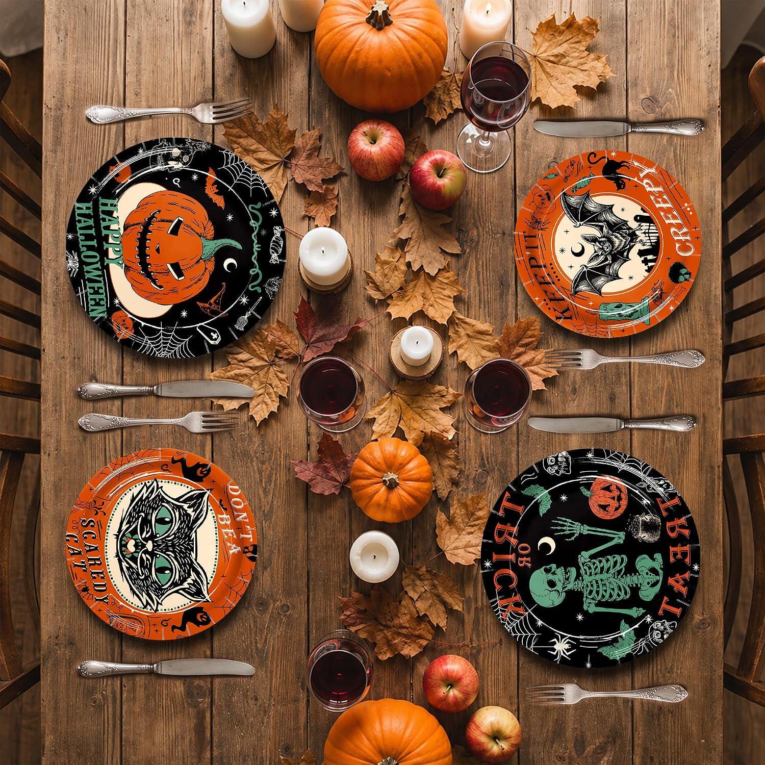 48 Piece Halloween Paper Plate Set, 9 Inch and 7 Inch, 4 Designs