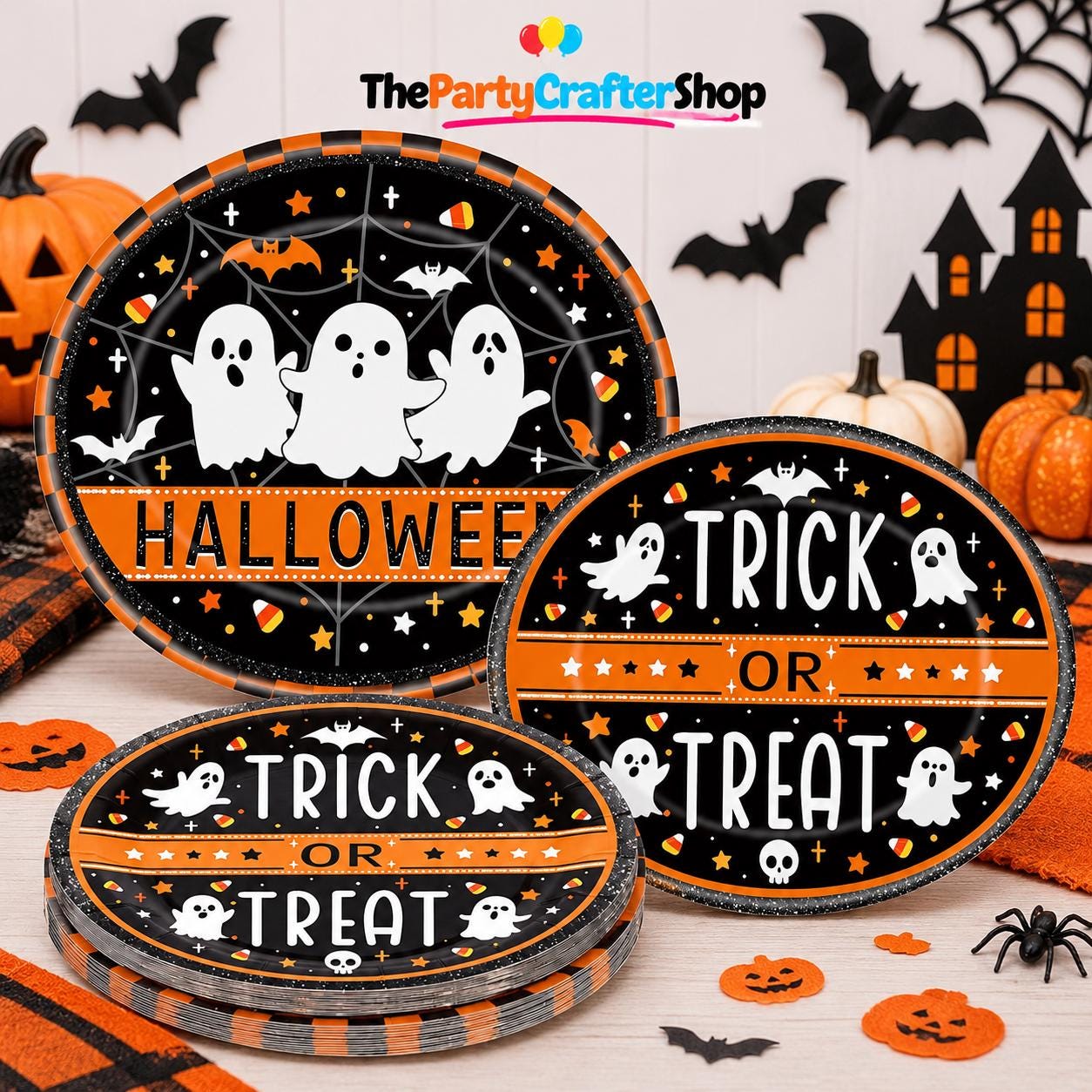 Trick or Treat Halloween Paper Plates, 50-Piece Coordinated Set for 25 Guests, Sturdy Paper