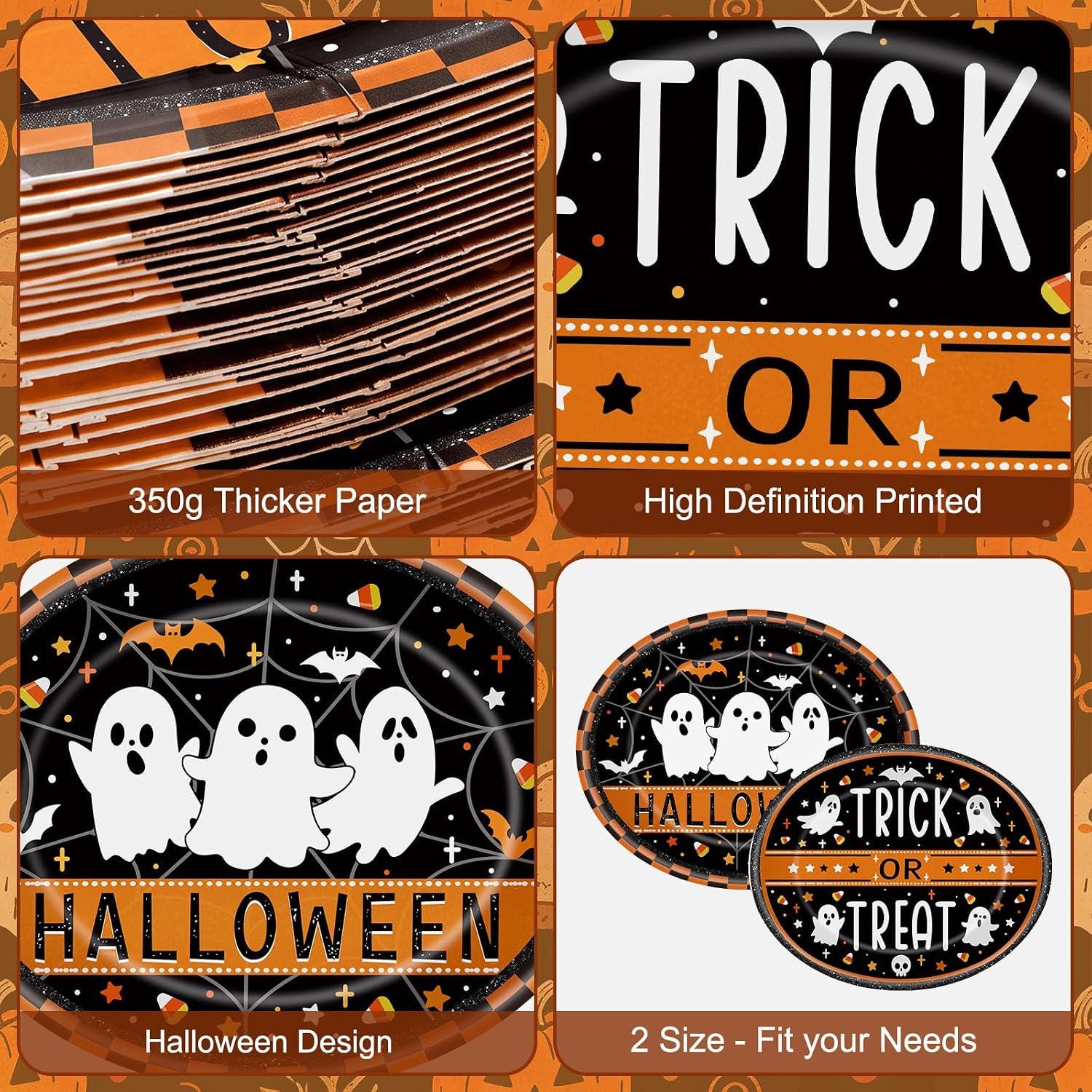 Trick or Treat Halloween Paper Plates, 50-Piece Coordinated Set for 25 Guests, Sturdy Paper