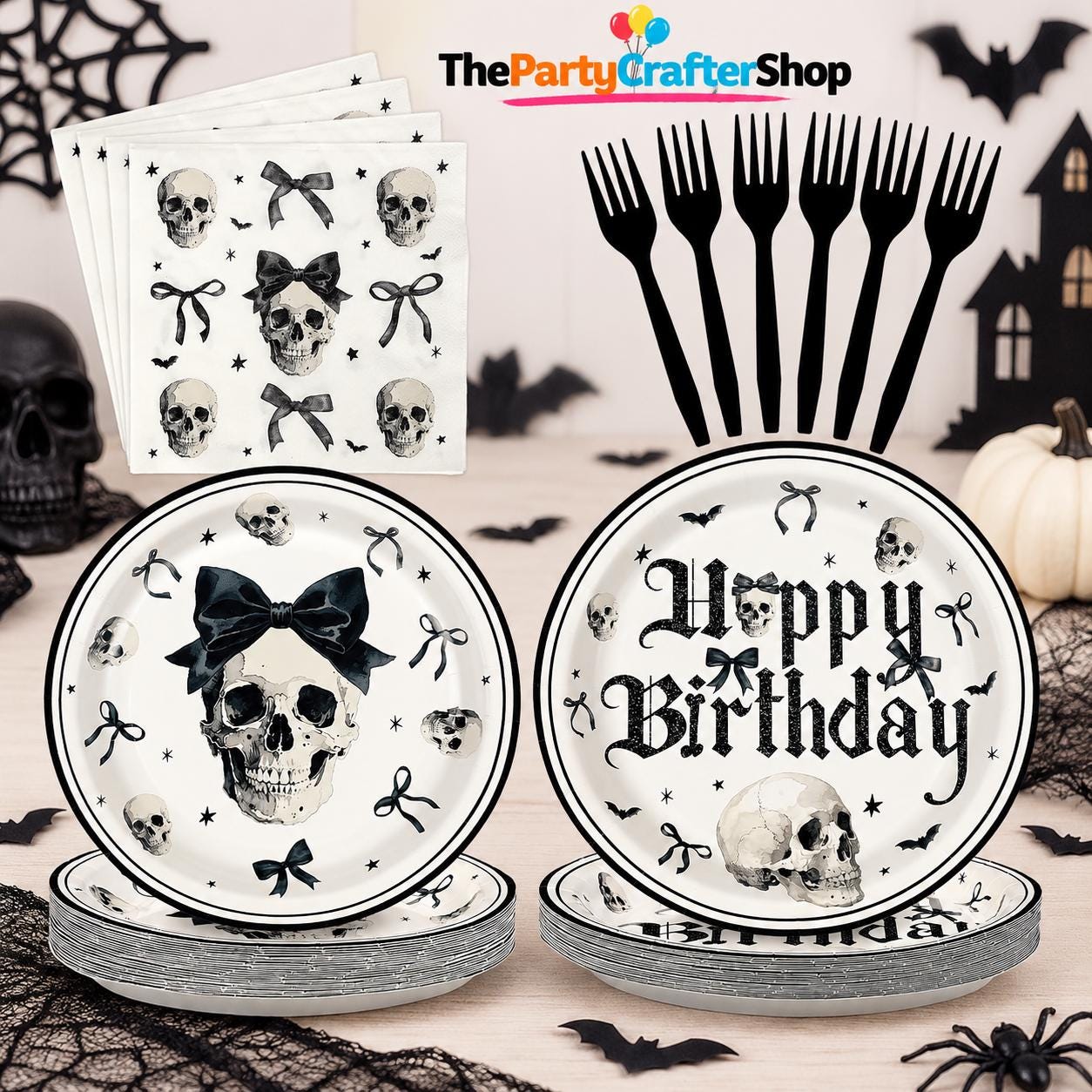 96-Piece Gothic Birthday Party Set: 9-Inch Plates, Skull Bow Napkins, Black Forks