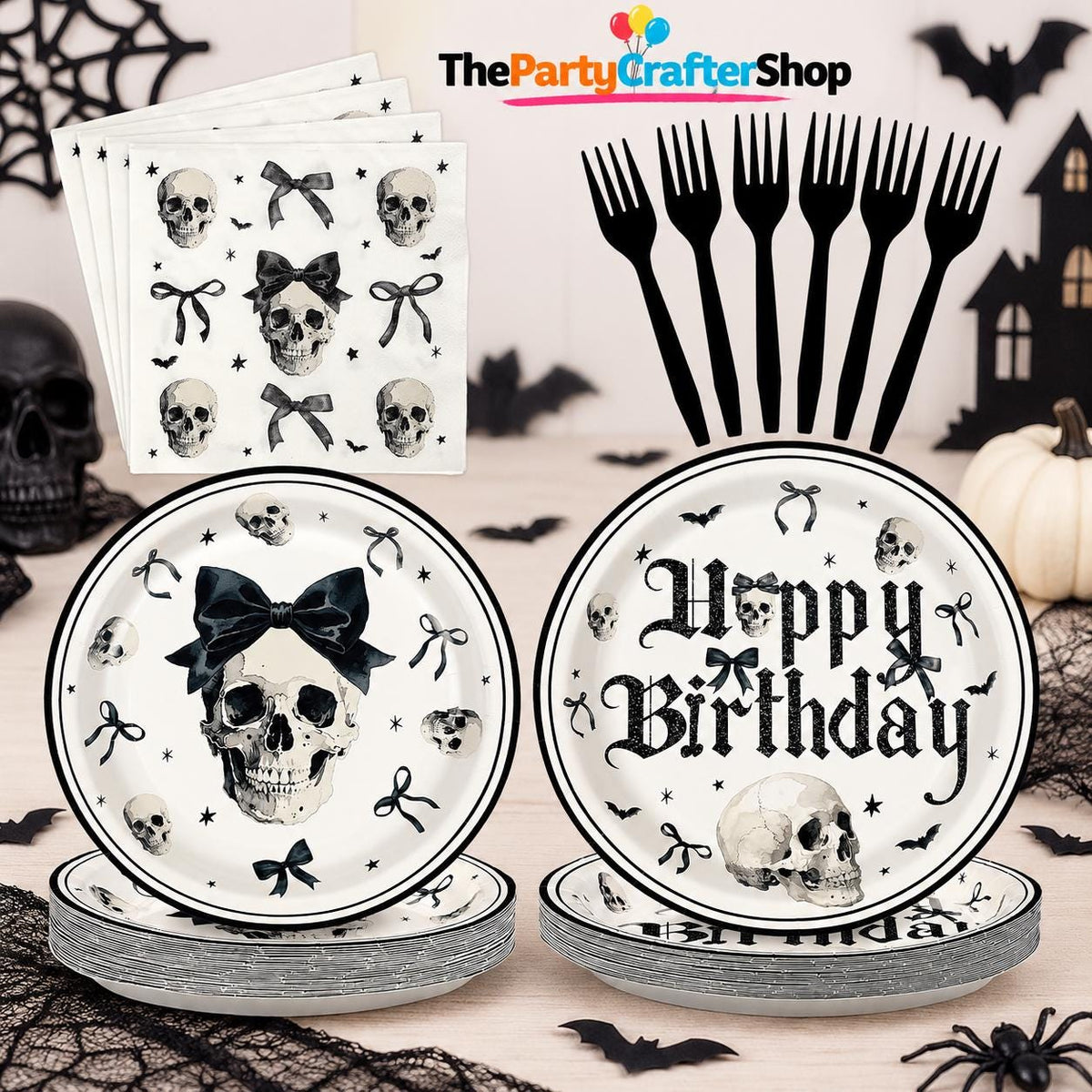 96-Piece Gothic Birthday Party Set: 9-Inch Plates, Skull Bow Napkins, Black Forks