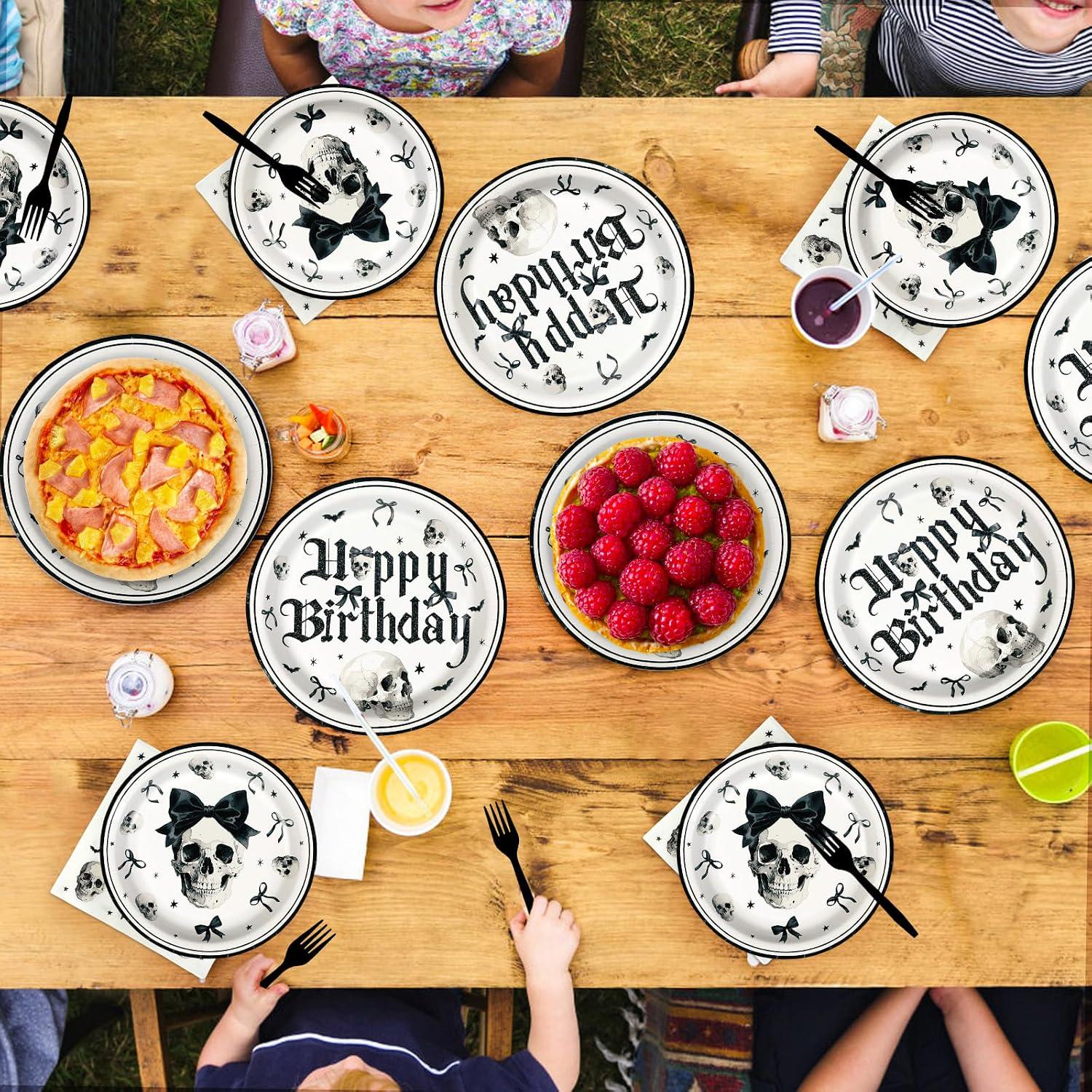 96-Piece Gothic Birthday Party Set: 9-Inch Plates, Skull Bow Napkins, Black Forks
