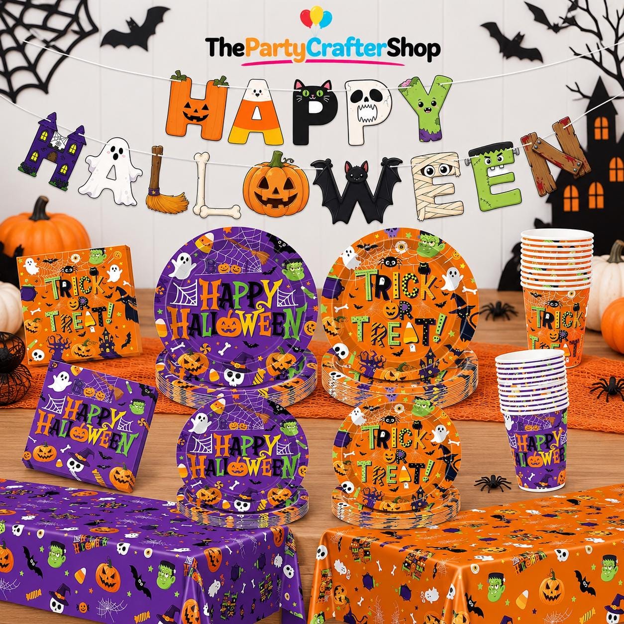 99-Piece Halloween Party Supplies Set, Orange Purple Tableware for 24 Guests