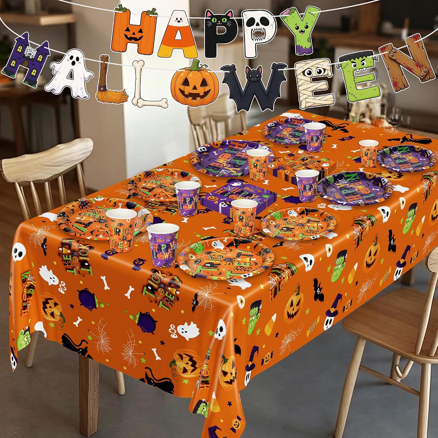 99-Piece Halloween Party Supplies Set, Orange Purple Tableware for 24 Guests