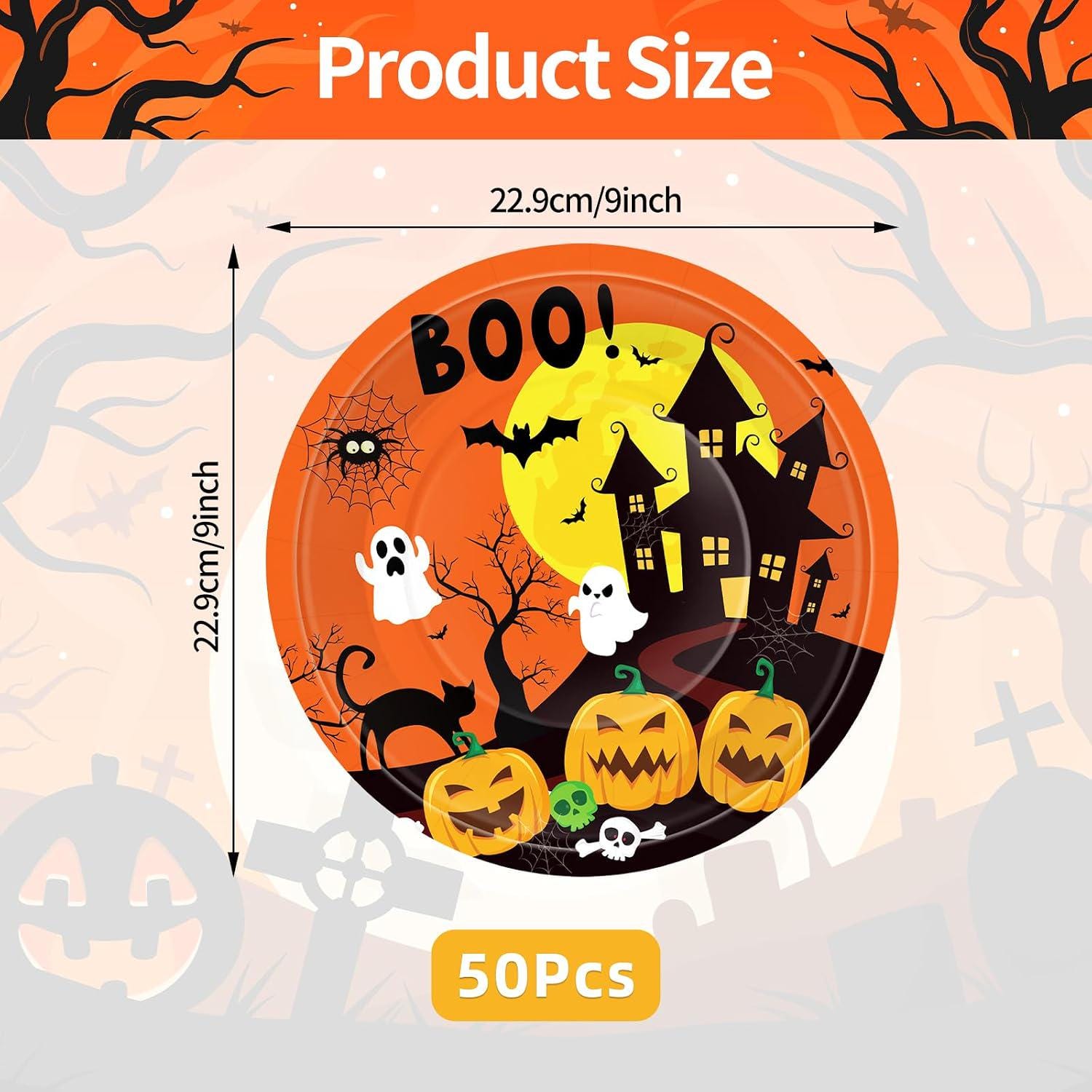 Haunted House Halloween Plates, 9-Inch Paper, 50 Count Set for Parties, Birthdays, Events