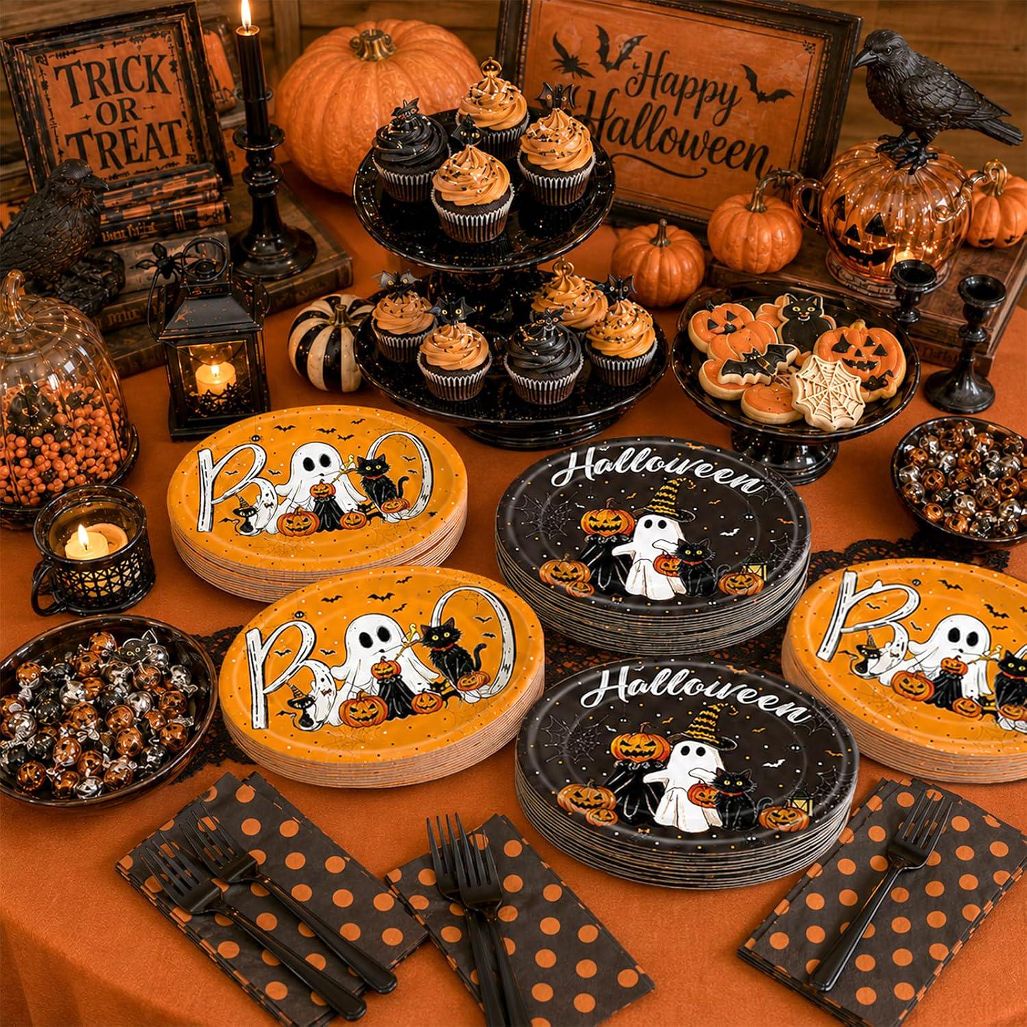 50-Piece Halloween Paper Plates, Oval Set with Ghosts, Black Cats, Pumpkins