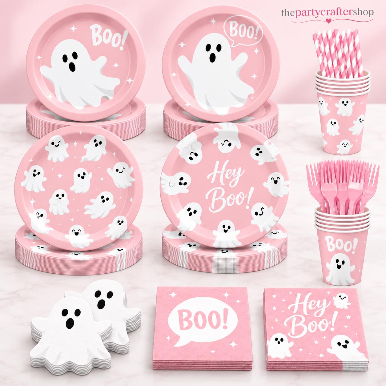 Pink Halloween Partyware Set: Ghost Plates, Cups, Napkins, Straws, Forks