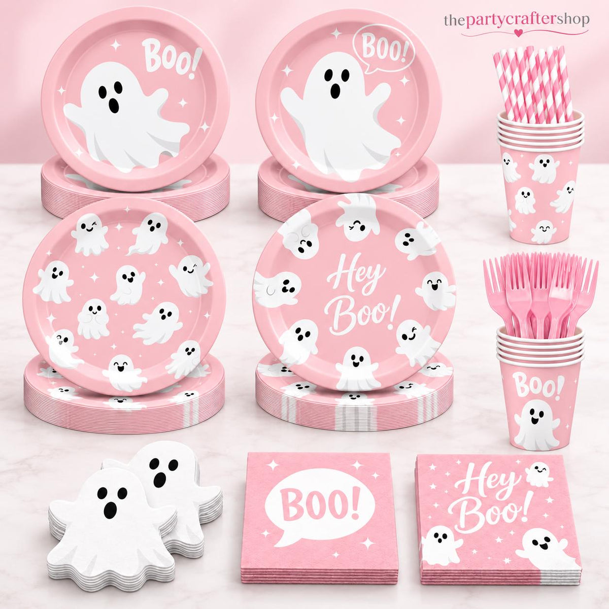 Pink Halloween Partyware Set: Ghost Plates, Cups, Napkins, Straws, Forks