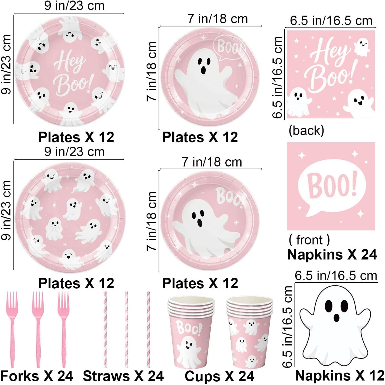 Pink Halloween Partyware Set: Ghost Plates, Cups, Napkins, Straws, Forks