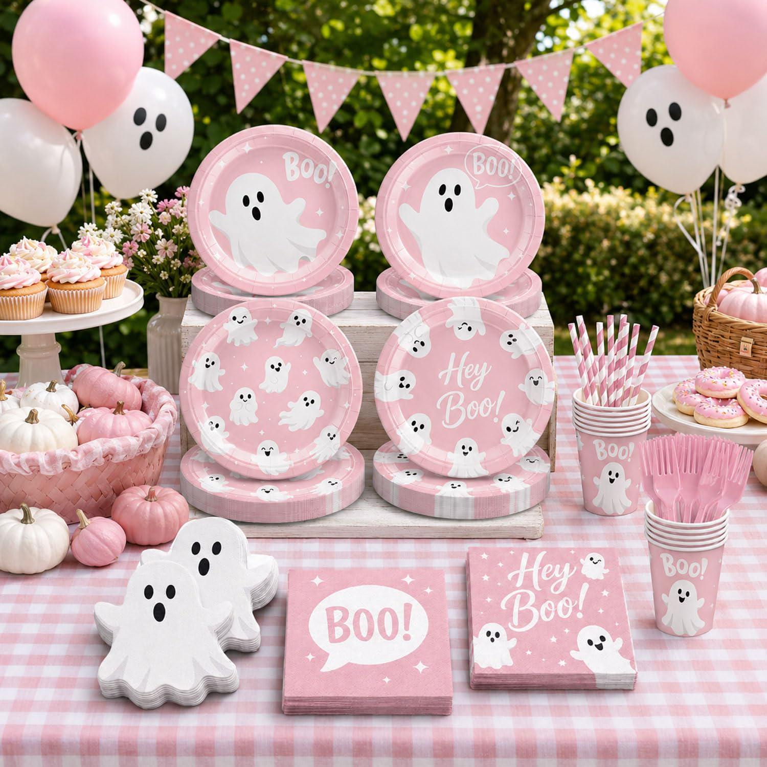 Pink Halloween Partyware Set: Ghost Plates, Cups, Napkins, Straws, Forks