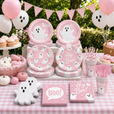 Pink Halloween Partyware Set: Ghost Plates, Cups, Napkins, Straws, Forks