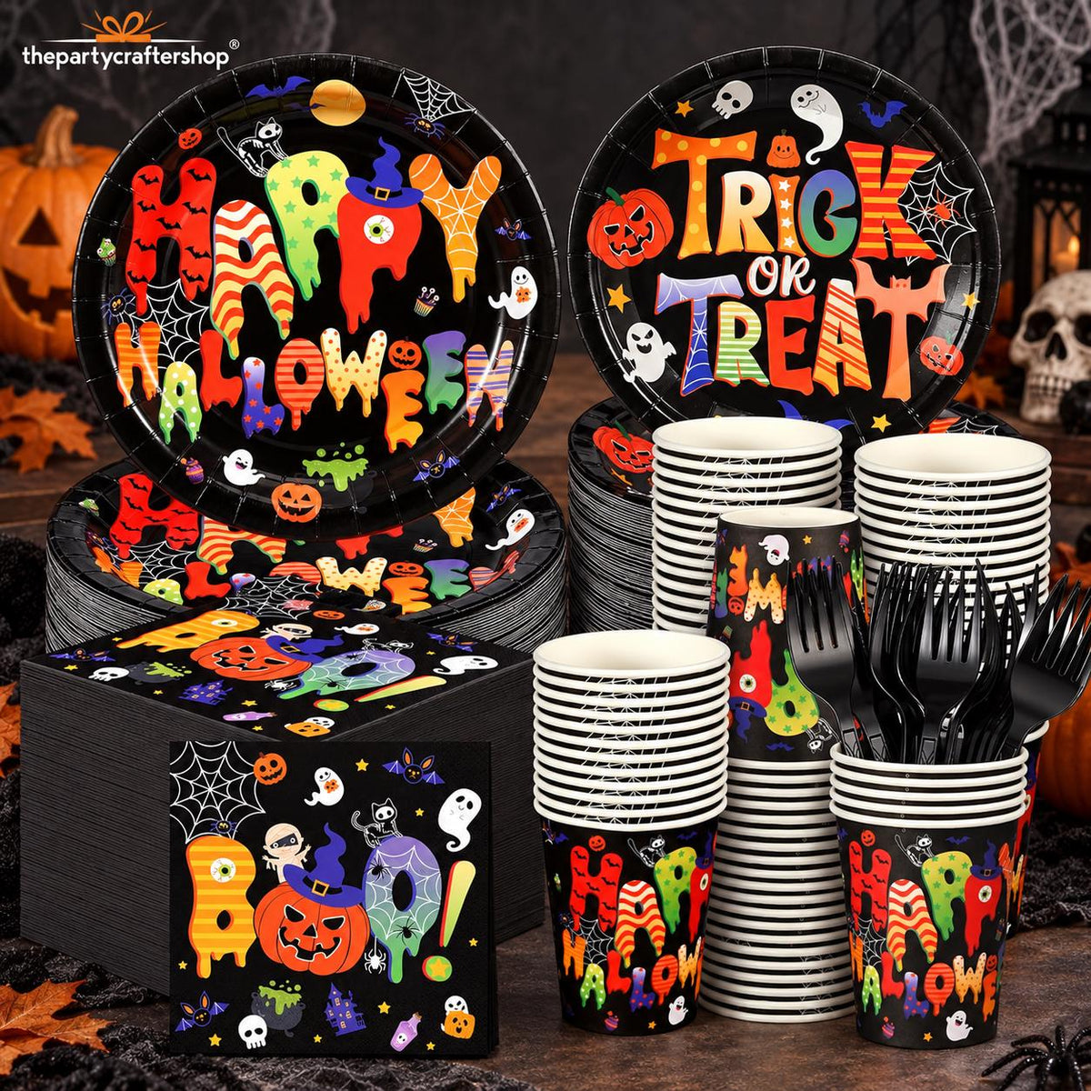 Happy Halloween Party Set, 30 Guests, 9, 7-Inch, 9-Ounce Cups, Plastic Forks, Napkins