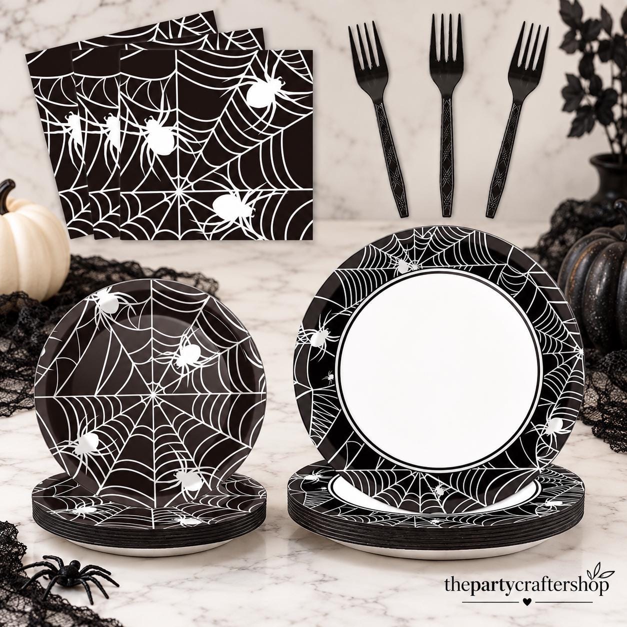 Halloween Party Set: 24-Piece Disposable Tableware with Spider Web Plates