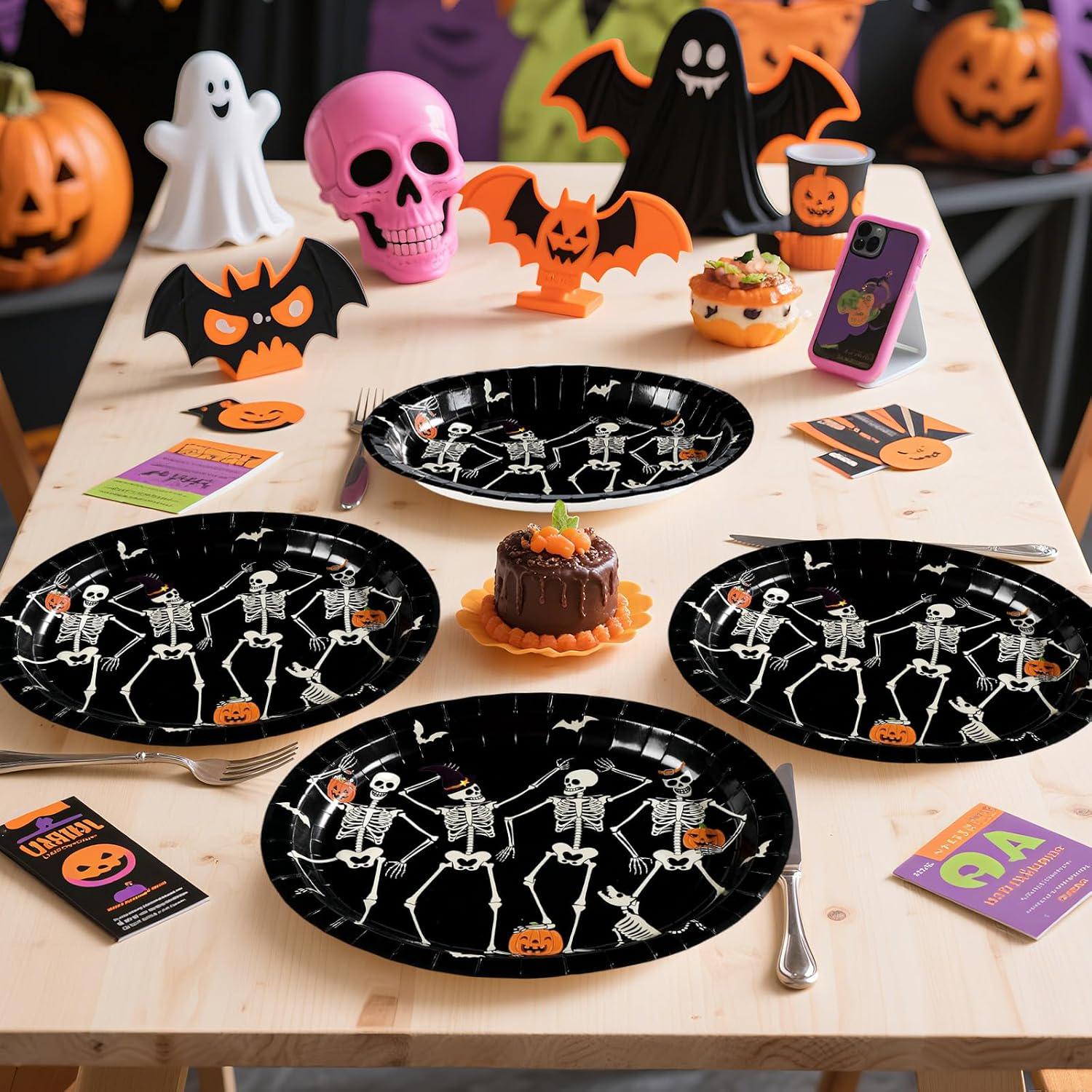 50-Piece Halloween Paper Plates, Large Oval 10x12 Inches, Dancing Skeletons Gothic Design