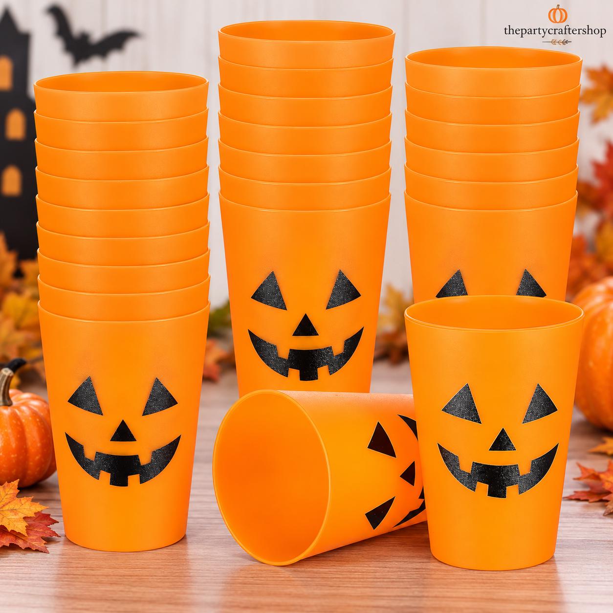 Set of 24 Orange Plastic Cups, Pumpkin Face Design for Halloween Parties