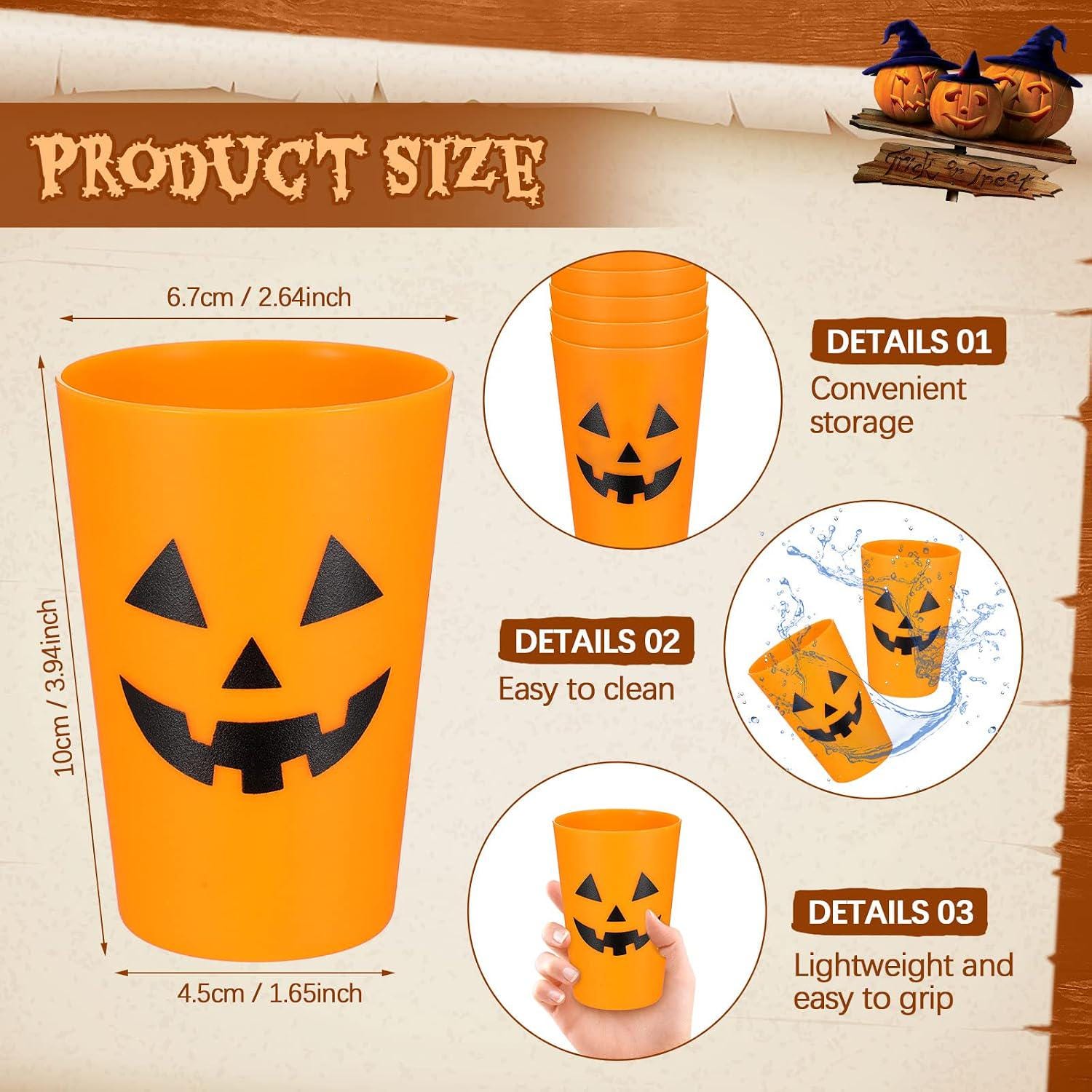 Set of 24 Orange Plastic Cups, Pumpkin Face Design for Halloween Parties