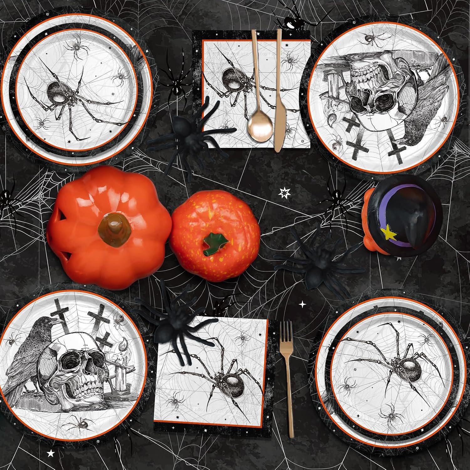 Halloween Party Set: 25 Large Plates, Small Plates, Napkins, Cups, Banner, Tablecloth