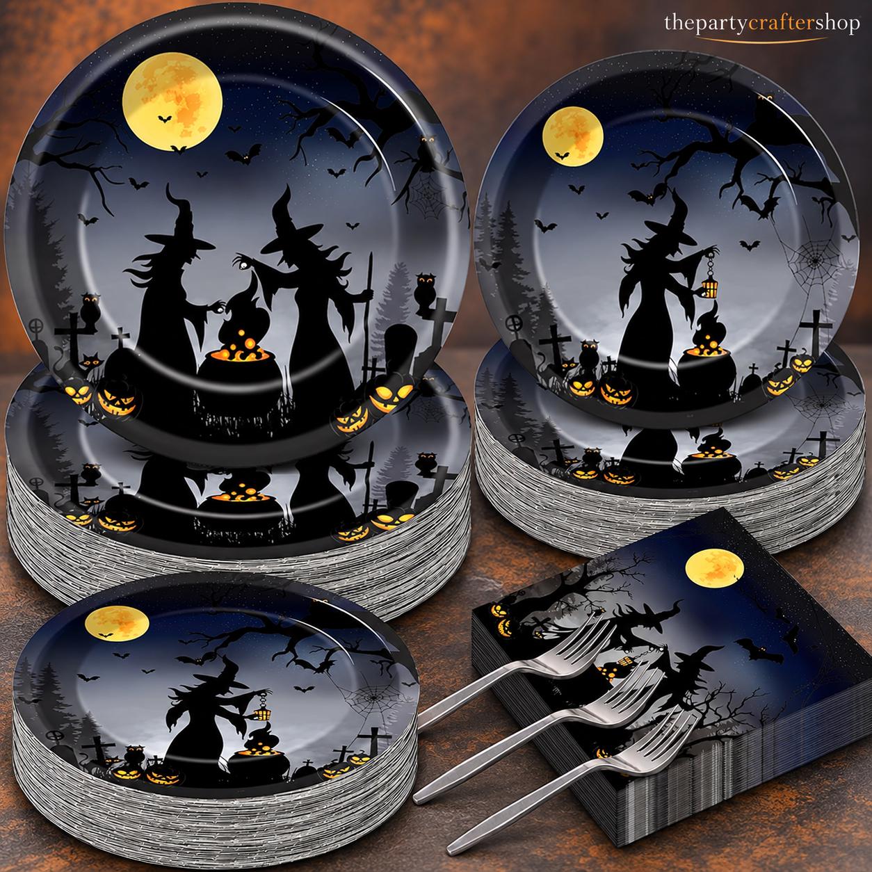Spooky Halloween Dinner Set: 50 Guests, Full Moon Night Sky, Witches, Plastic Forks