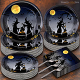 Spooky Halloween Dinner Set: 50 Guests, Full Moon Night Sky, Witches, Plastic Forks