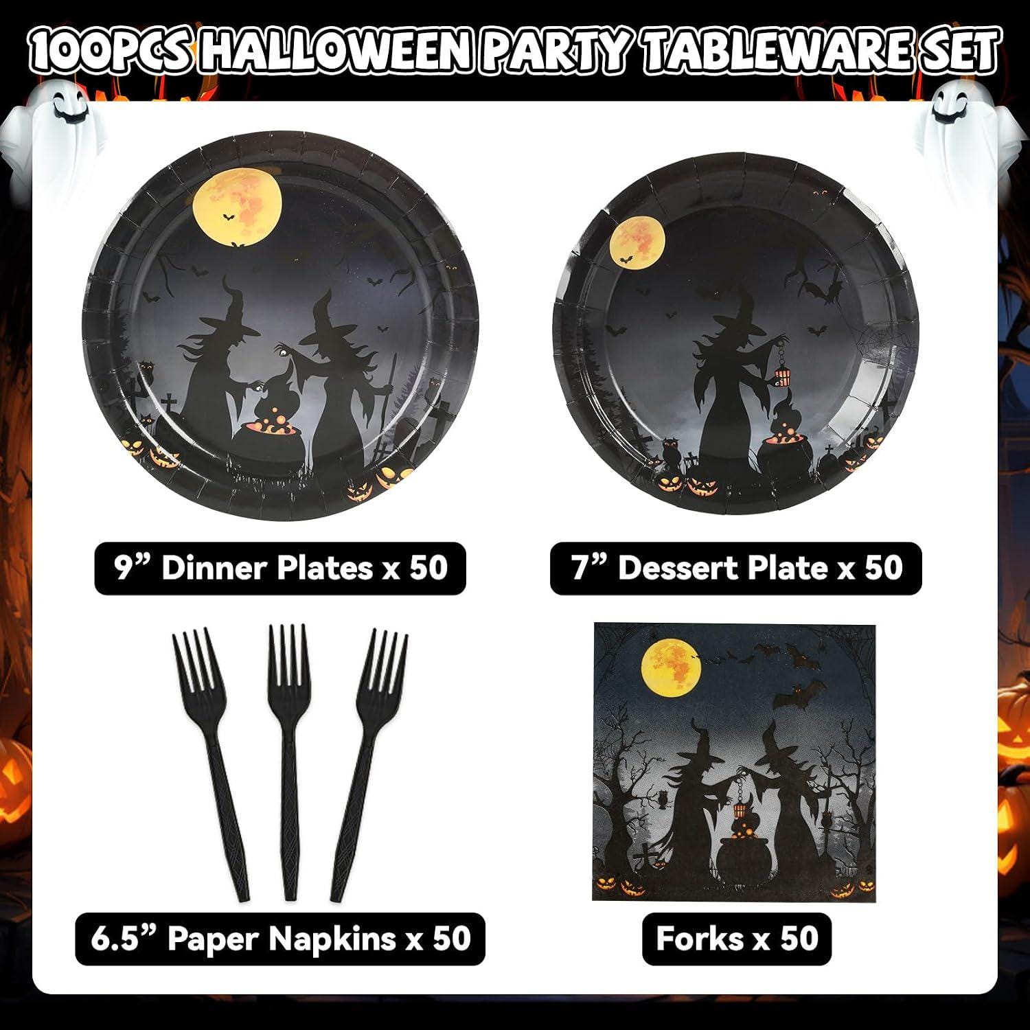 Spooky Halloween Dinner Set: 50 Guests, Full Moon Night Sky, Witches, Plastic Forks