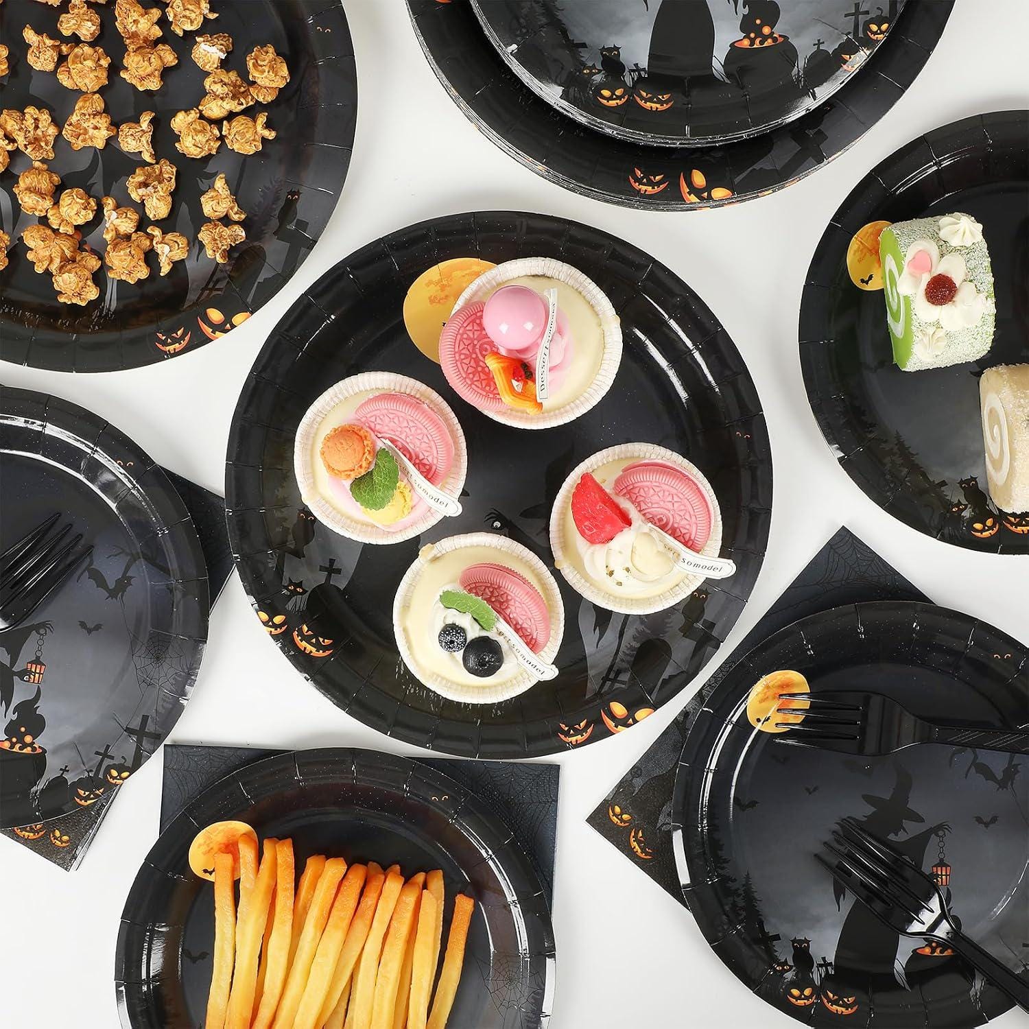Spooky Halloween Dinner Set: 50 Guests, Full Moon Night Sky, Witches, Plastic Forks