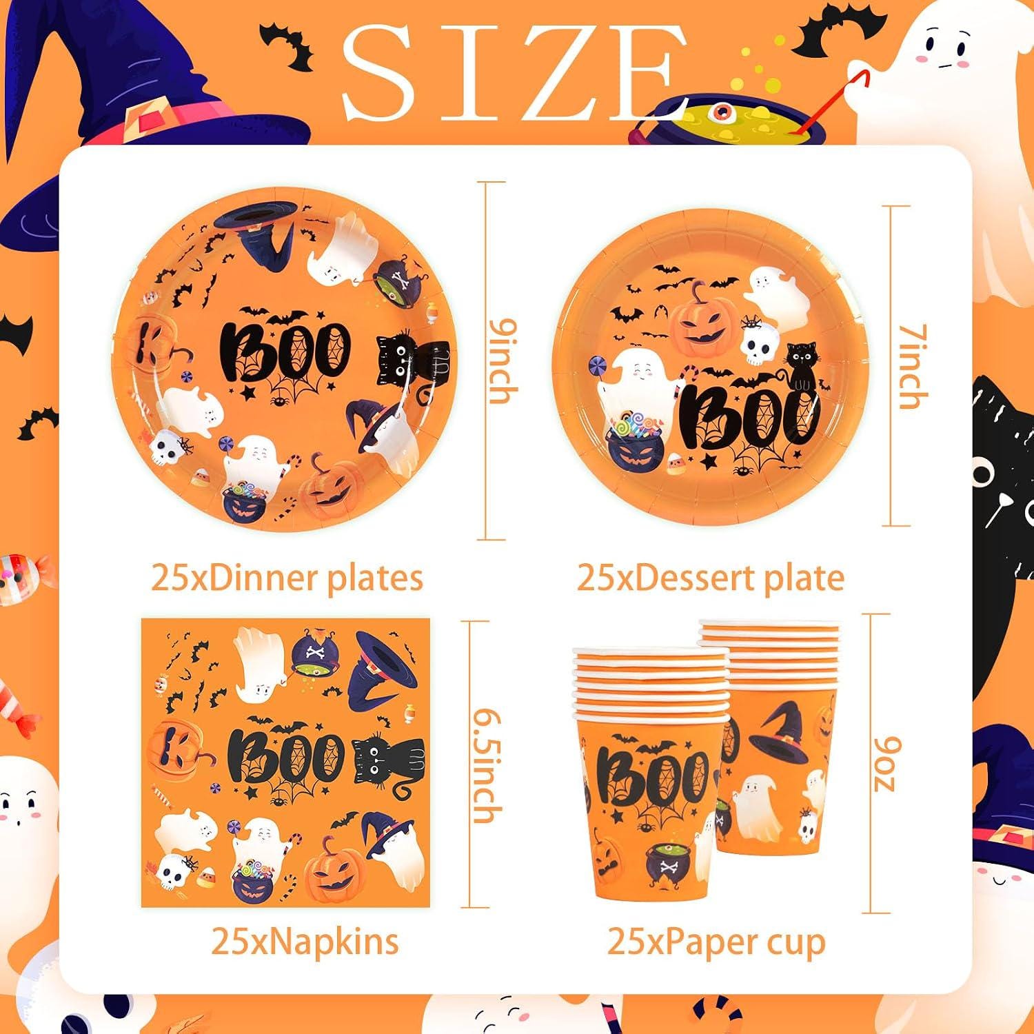 100-Piece Halloween Partyware Set: 9-Inch Plates, 7-Inch Dessert Plates, Cups, Napkins