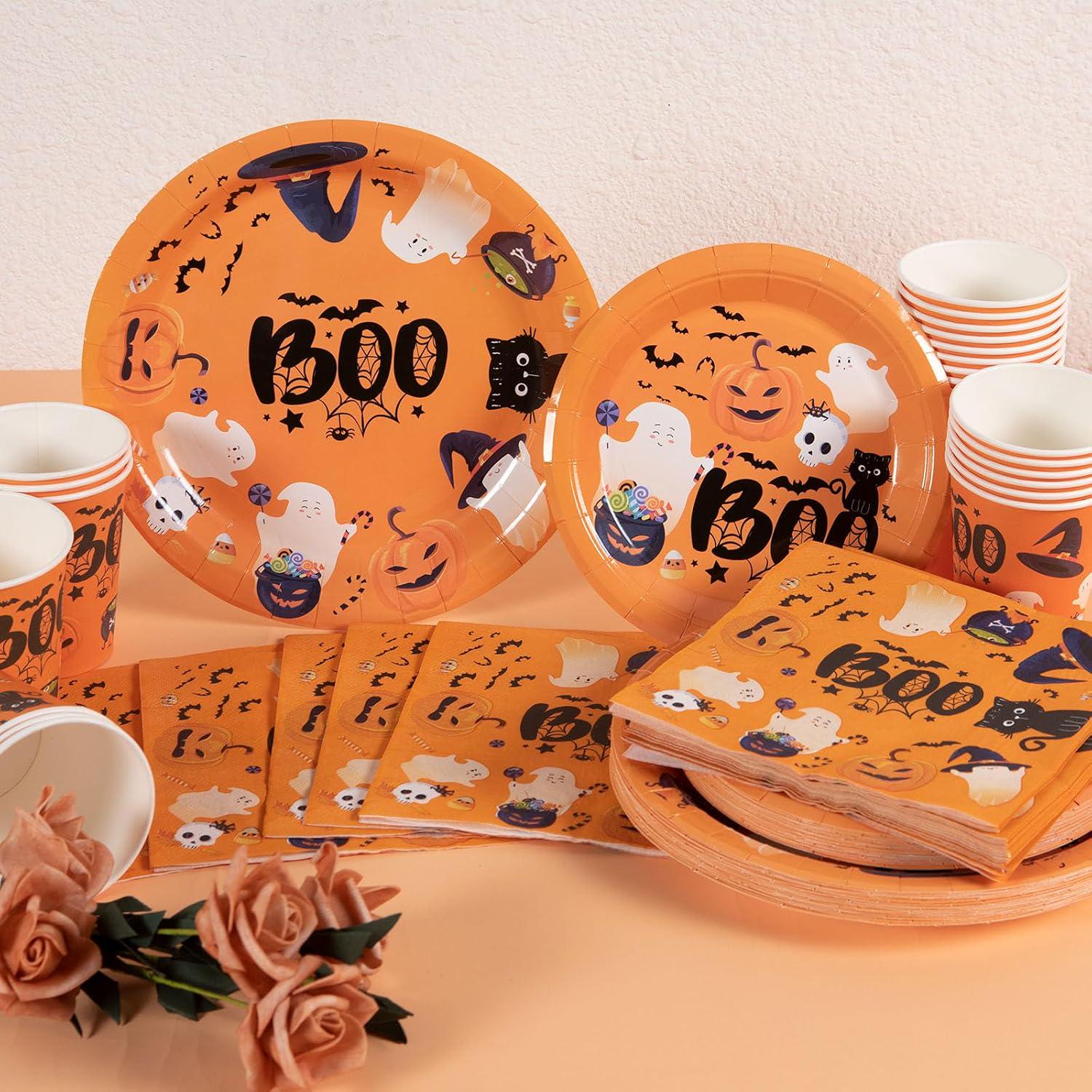 100-Piece Halloween Partyware Set: 9-Inch Plates, 7-Inch Dessert Plates, Cups, Napkins