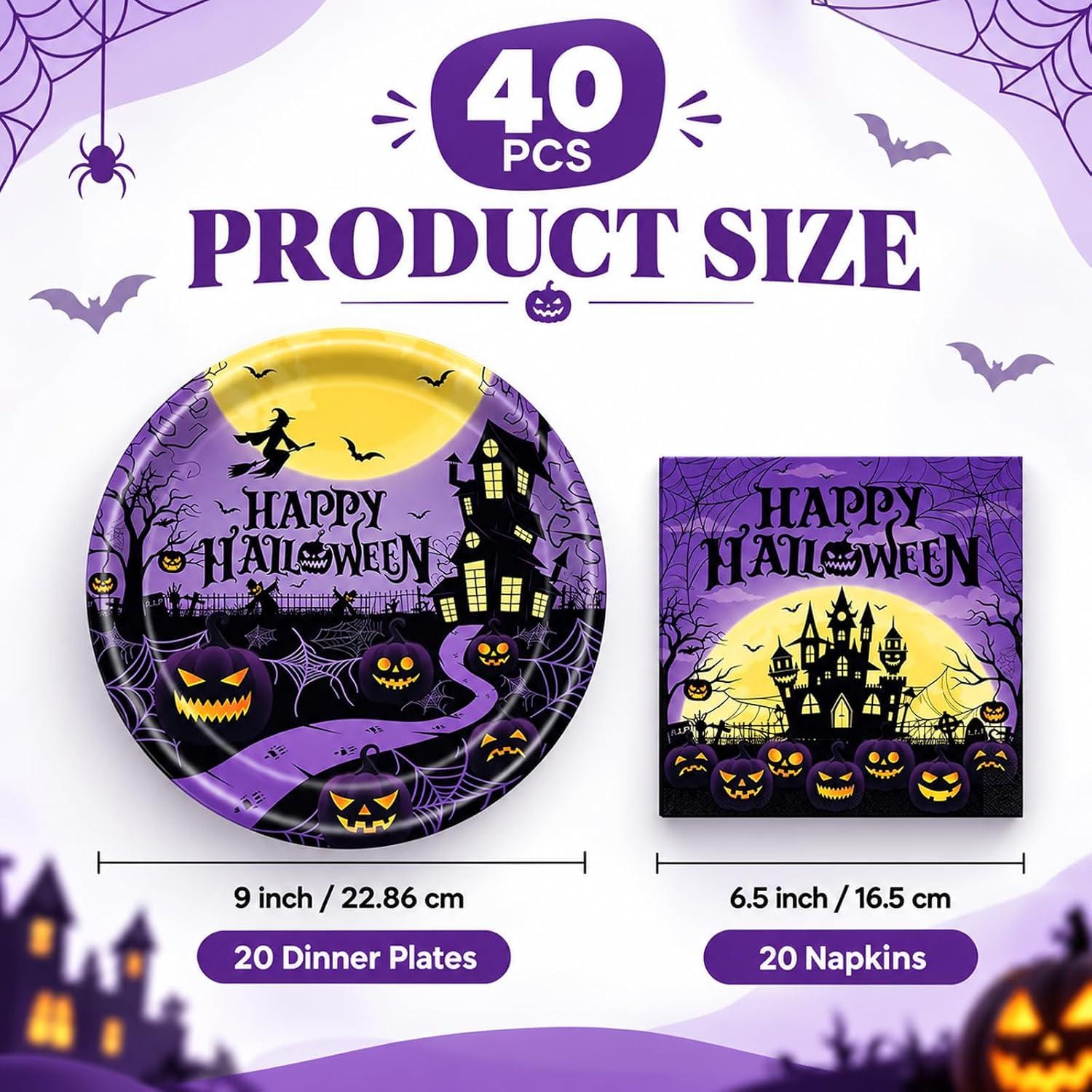 40-Piece Halloween Partyware Set: 9-Inch Purple Black Plates Napkins