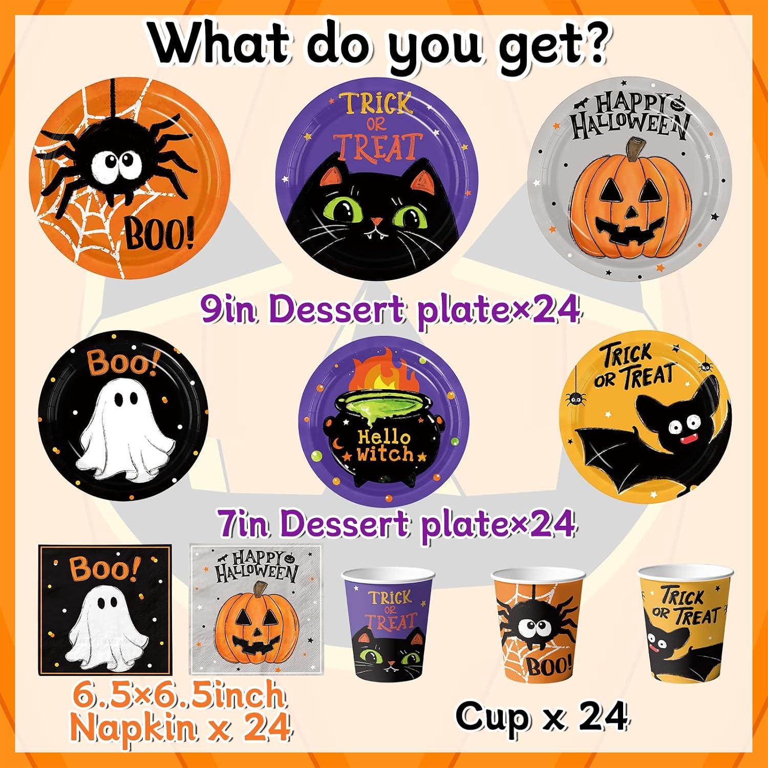 96-Piece Halloween Partyware Set: 24 Dinner Plates, Dessert Plates, Cups, Napkins