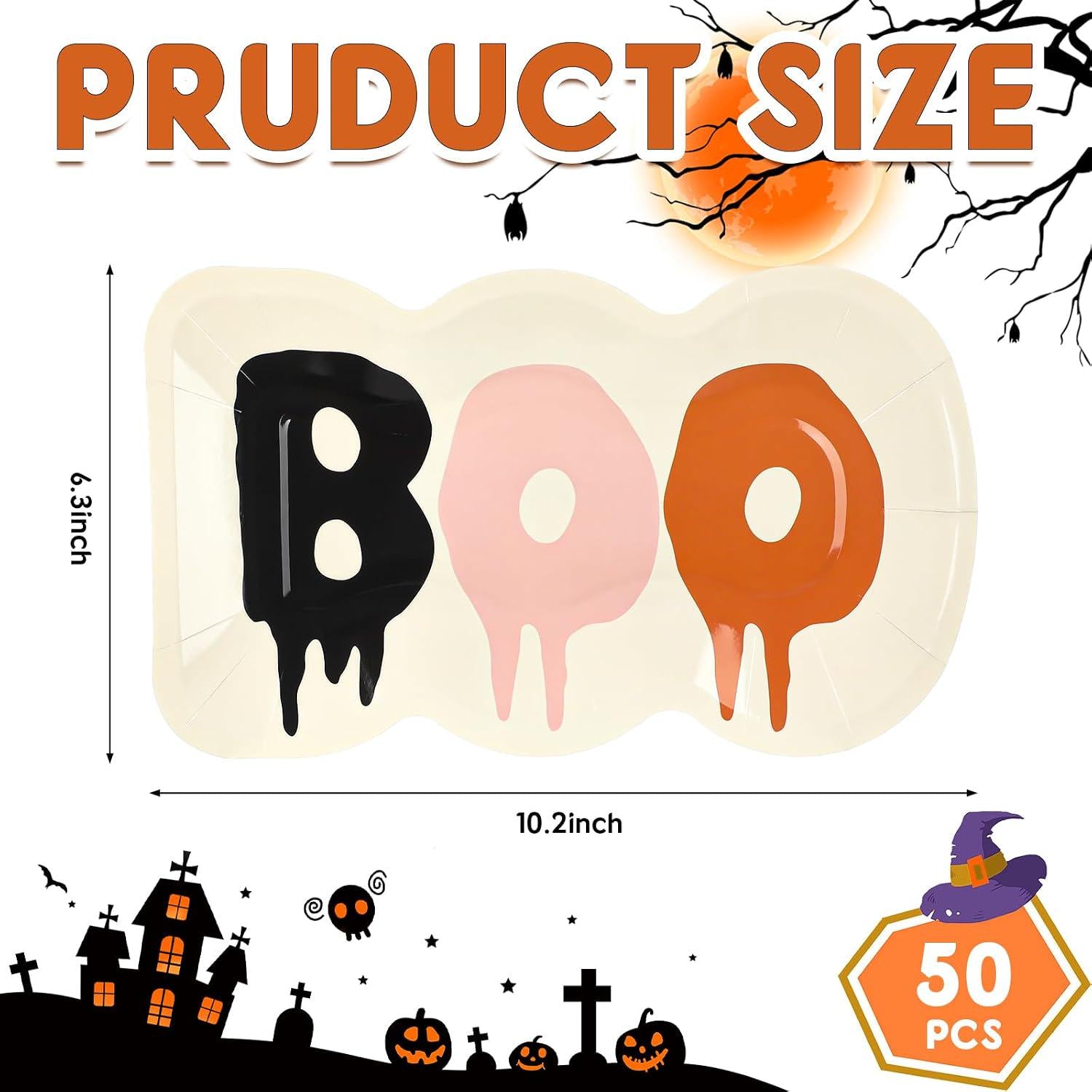 Boo Shaped Paper Plates, Set of 50, 10x6 Inch Halloween Party Tableware