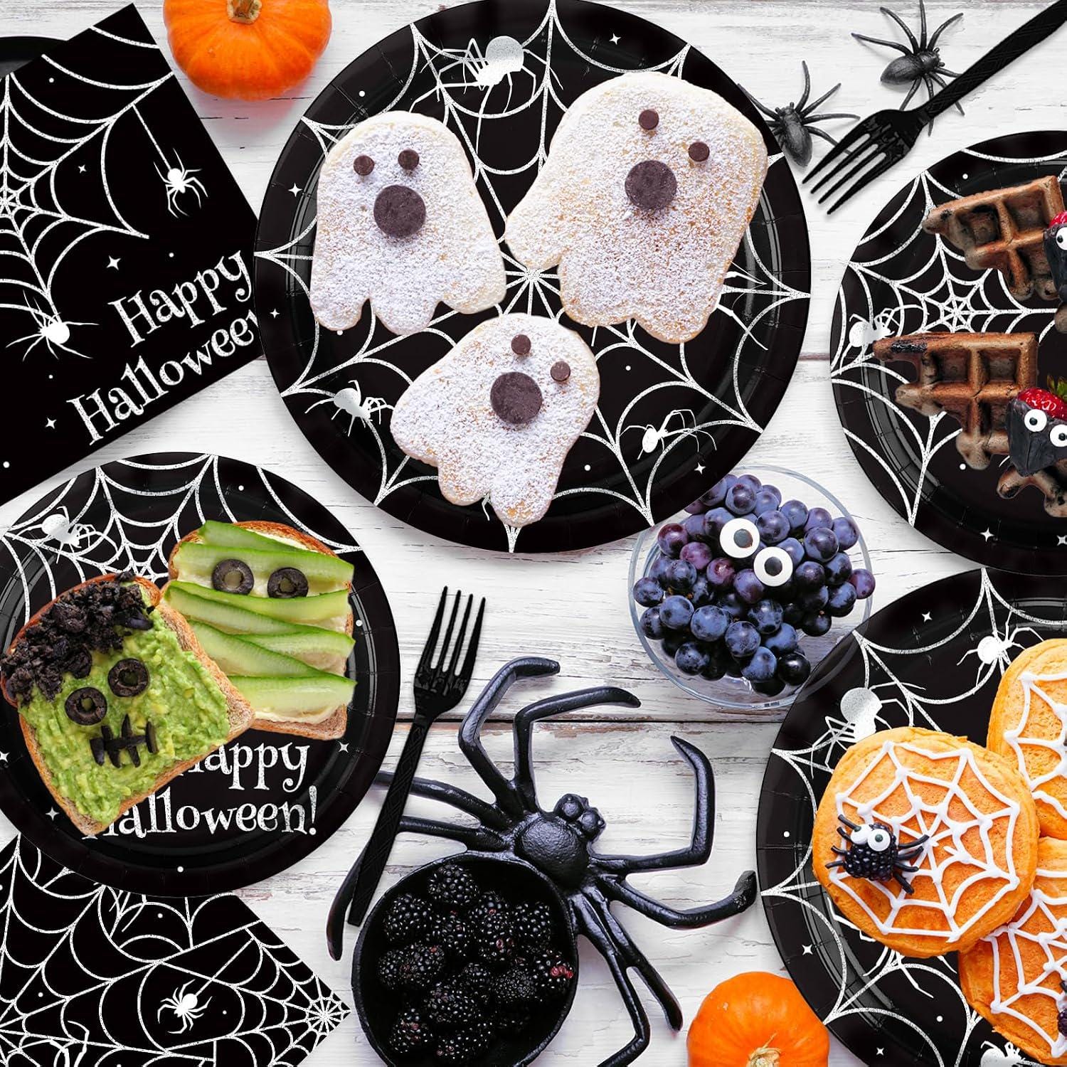 200-Piece Halloween Partyware Set: 9-Inch Spider Web Plates, Napkins, Forks