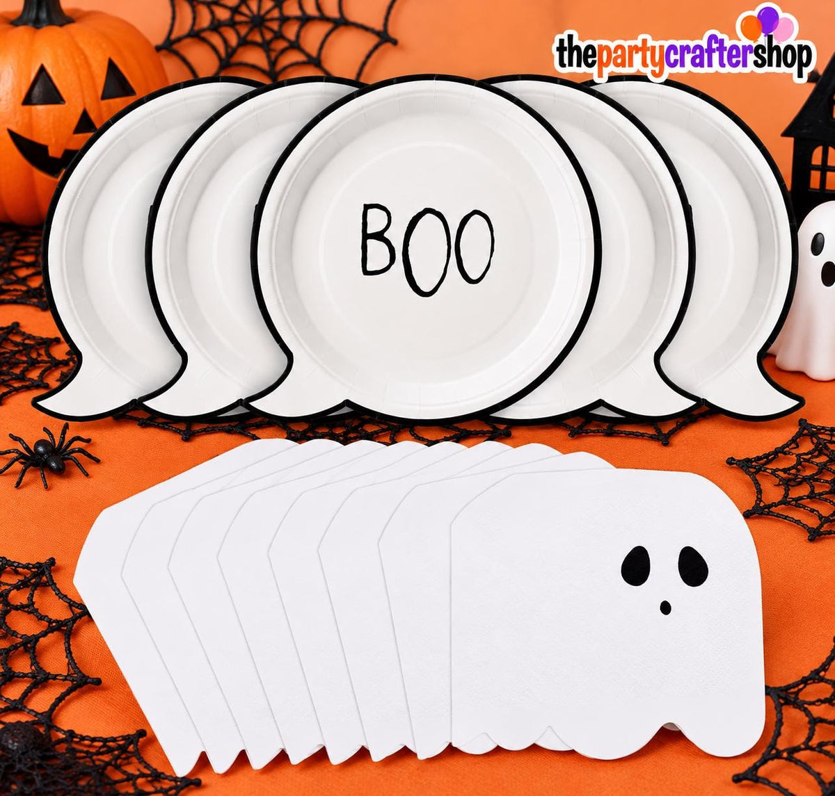 Disposable Halloween Tableware: 9-Inch Black & White Paper Plates, Ghost Napkins