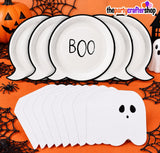 Disposable Halloween Tableware: 9-Inch Black & White Paper Plates, Ghost Napkins