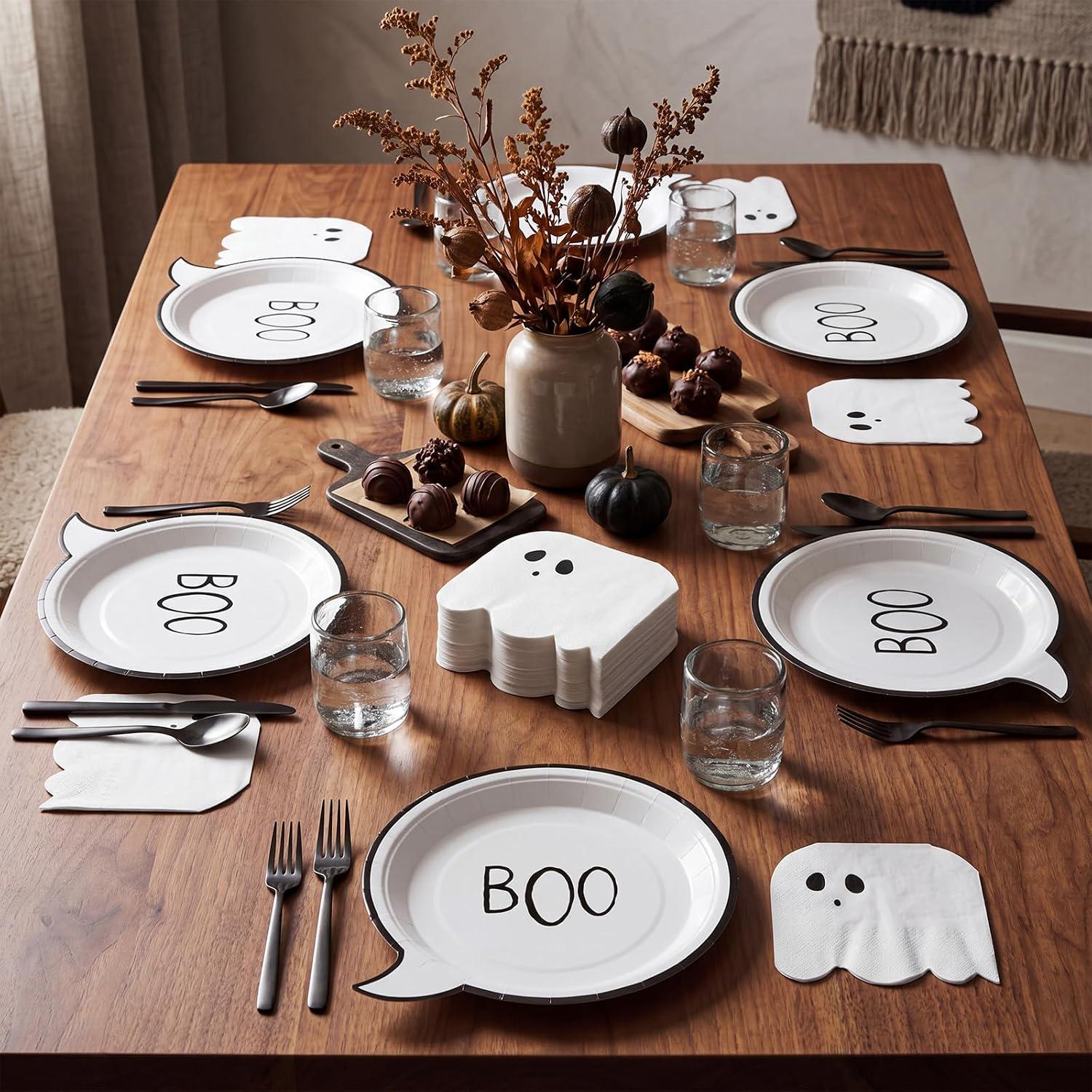 Disposable Halloween Tableware: 9-Inch Black & White Paper Plates, Ghost Napkins