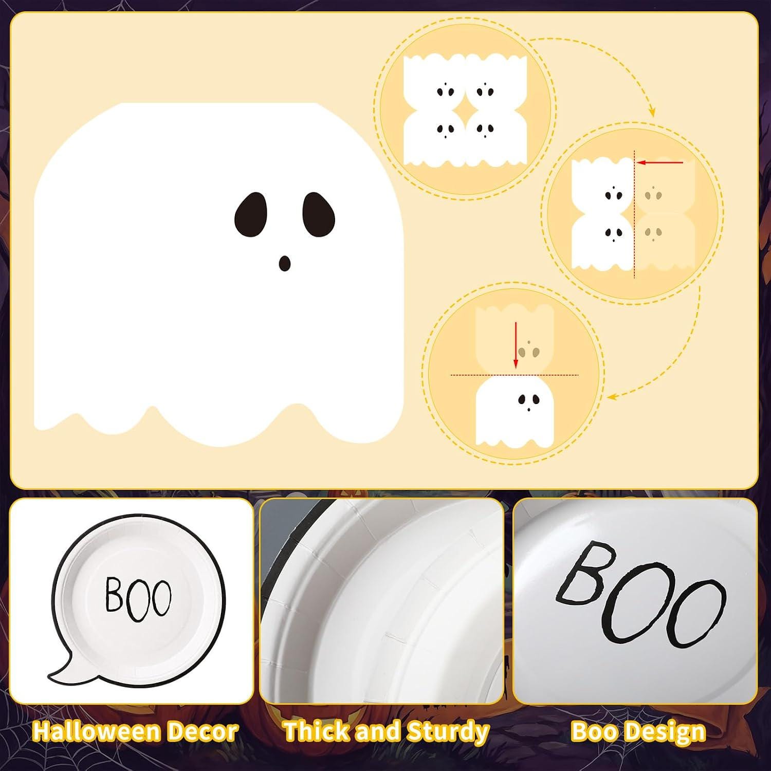 Disposable Halloween Tableware: 9-Inch Black & White Paper Plates, Ghost Napkins