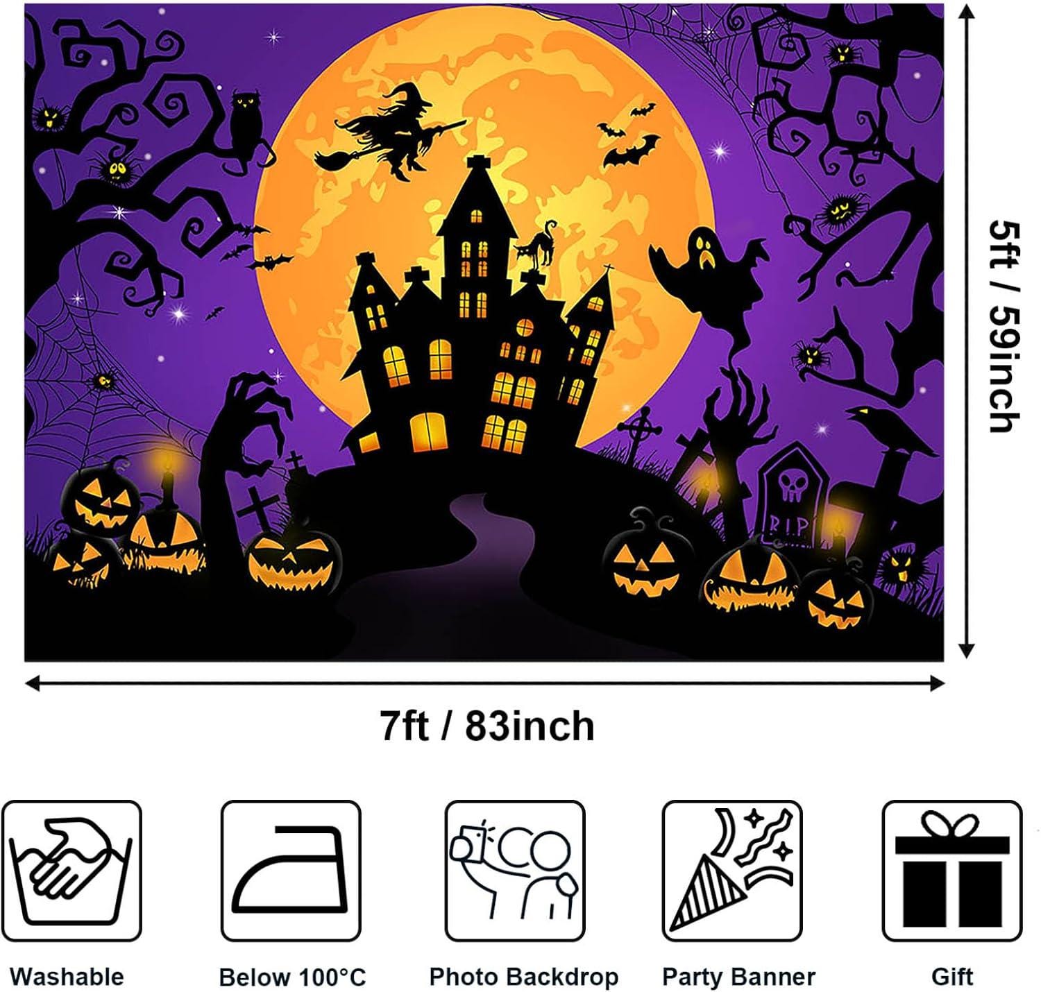Purple Haunted Castle Halloween Backdrop, Moon Night Party Banner (7x5ft)