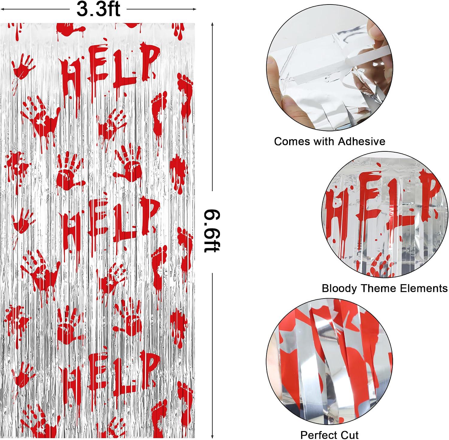 2 Pack Bloody Foil Fringe Halloween Backdrop, Horror Party Decor (3.3 x 6.6 FT)
