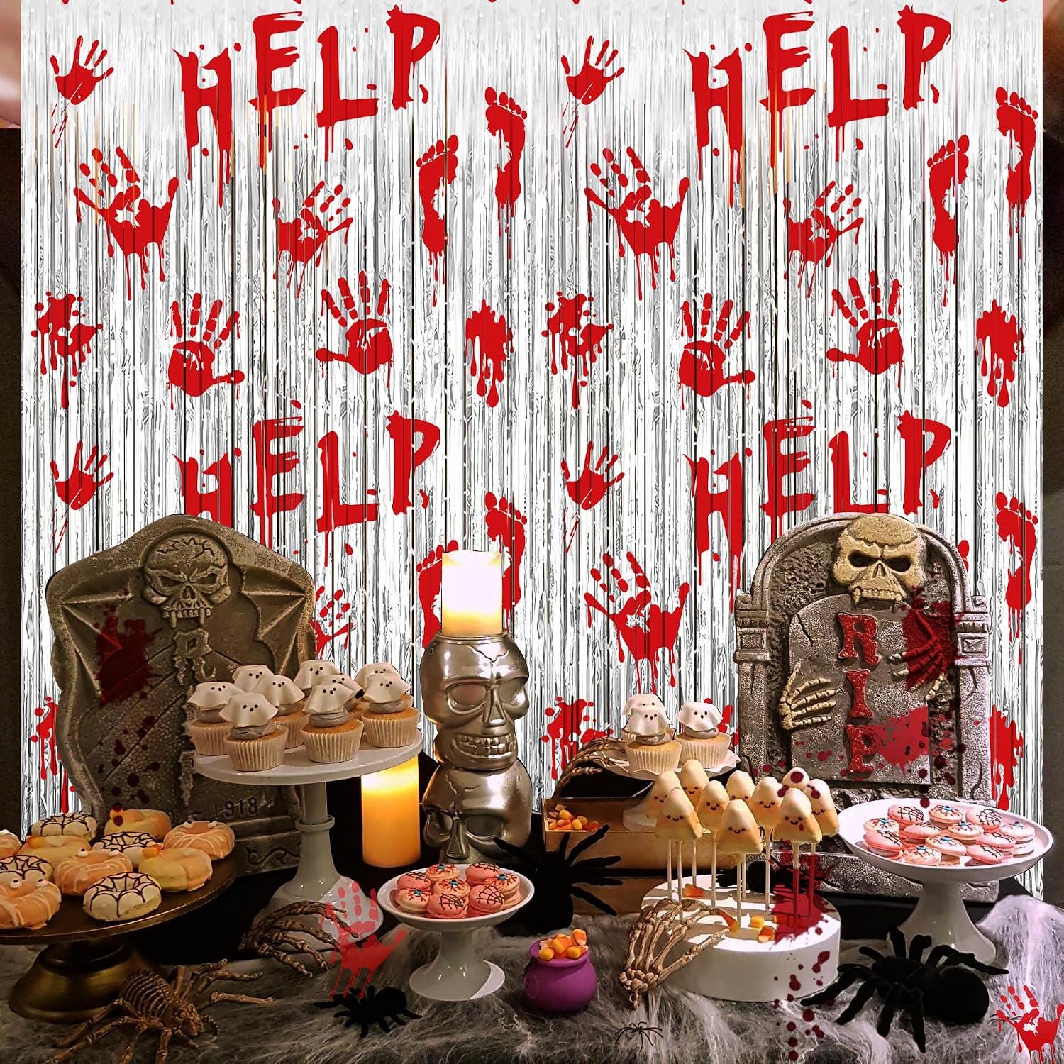 2 Pack Bloody Foil Fringe Halloween Backdrop, Horror Party Decor (3.3 x 6.6 FT)