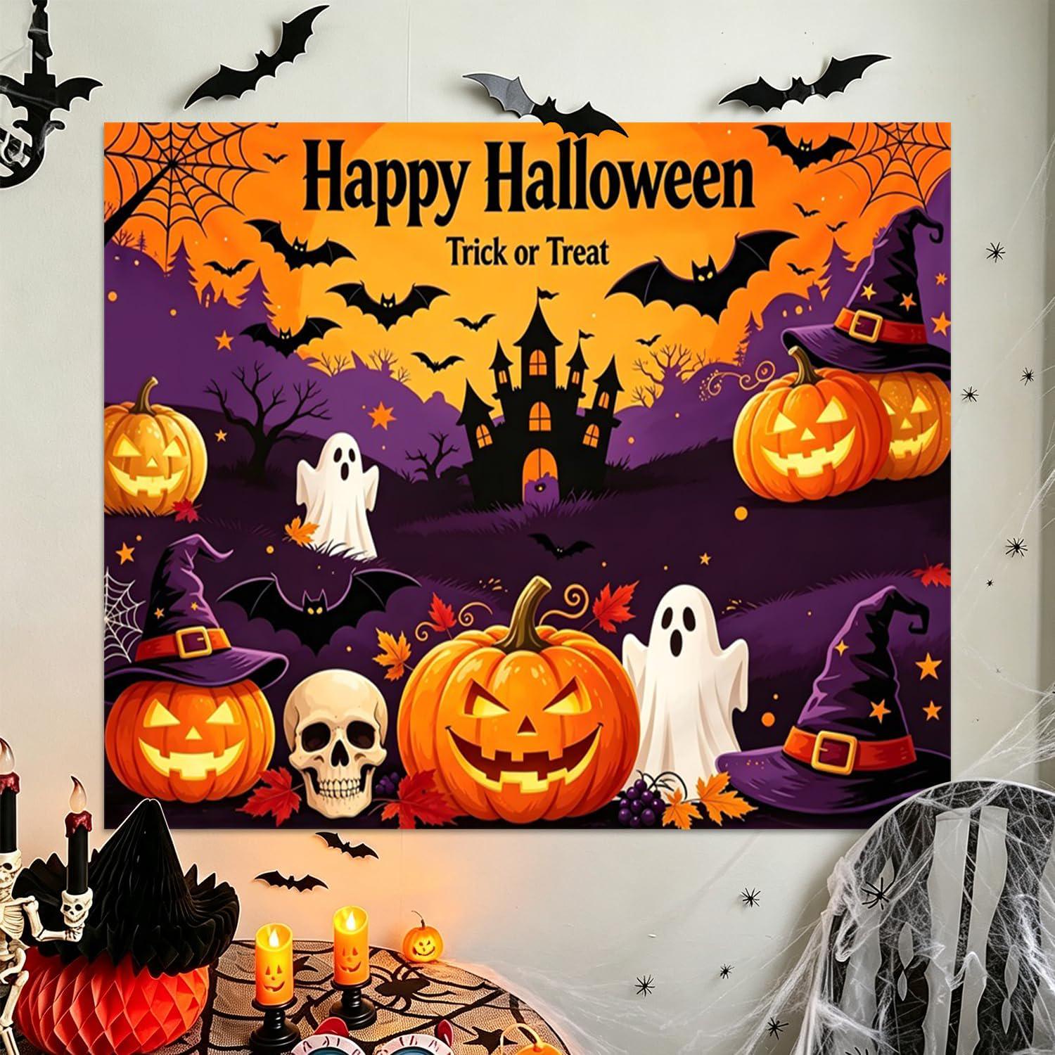 Happy Halloween Backdrop, Pumpkin Ghost Witch Haunted House Photo Banner (7x5ft)