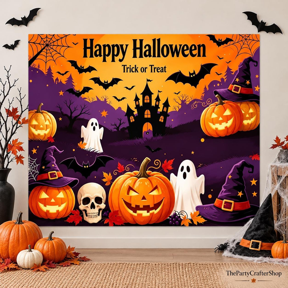 Happy Halloween Backdrop, Pumpkin Ghost Witch Haunted House Photo Banner (7x5ft)